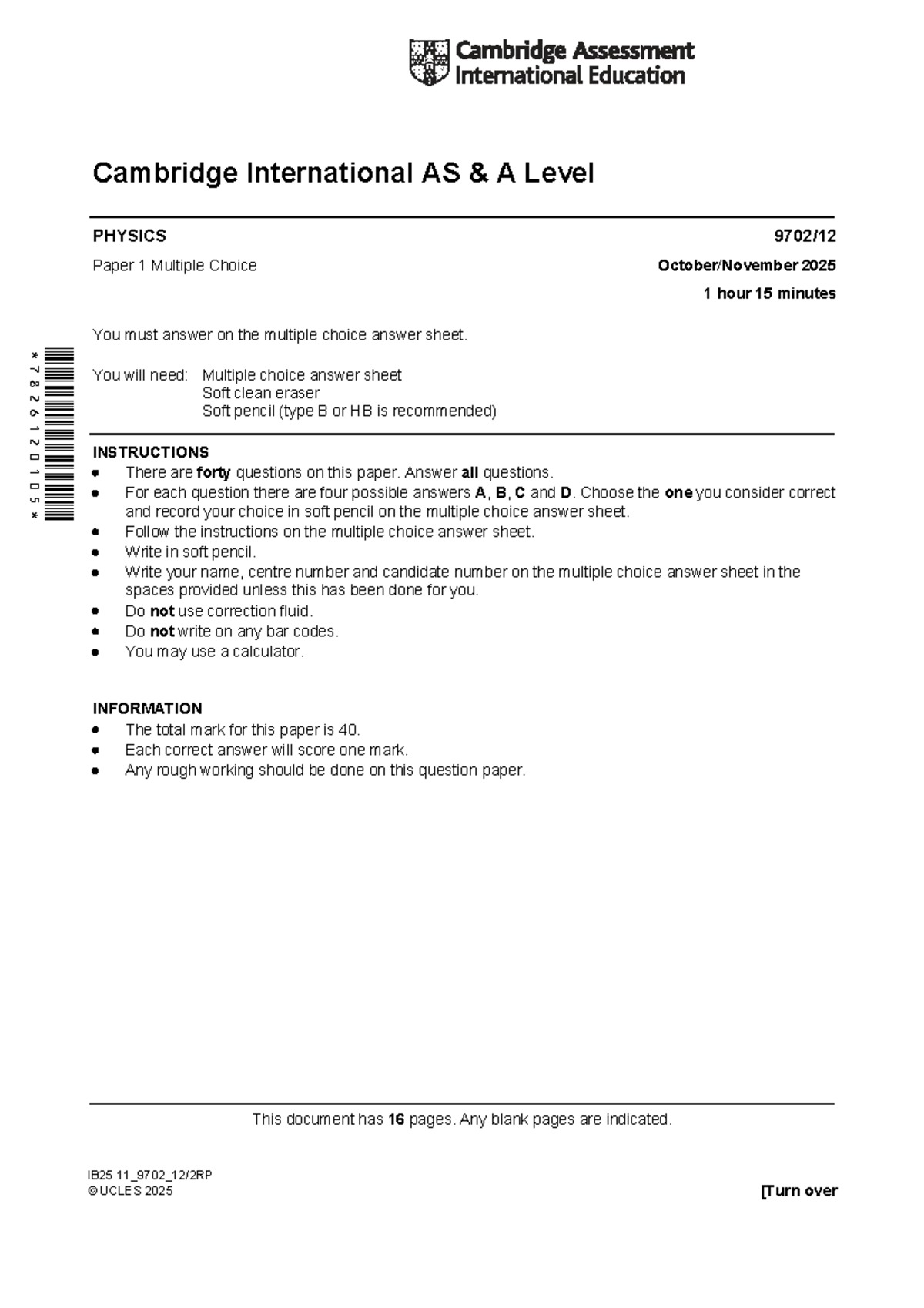 Cambridge International AS A Level PHYSICS 9702 W25 Paper 1 MCQ Guide ...