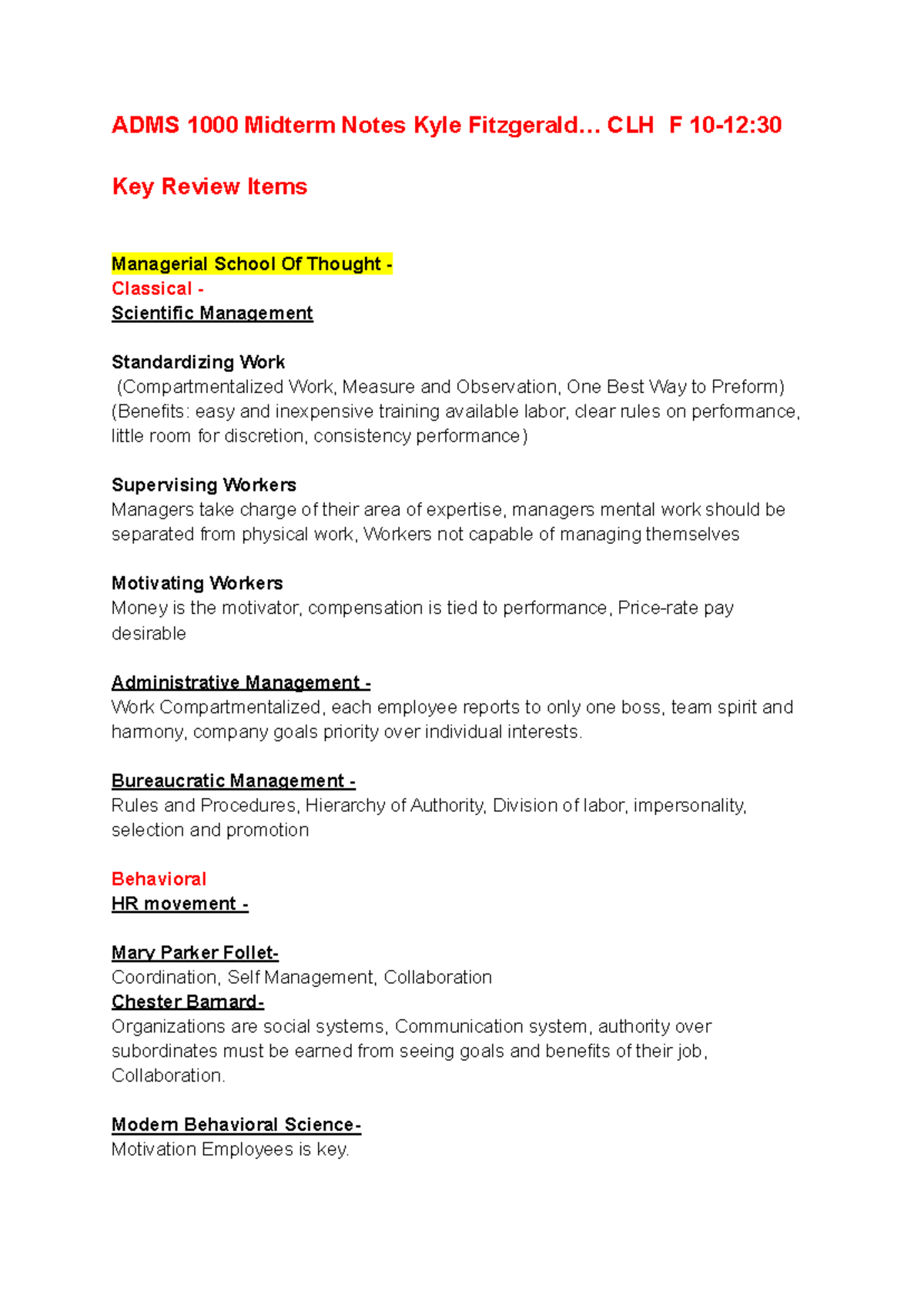 ADMS 1000 Midterm Notes S - .. CLH F 10-12: Key Review Items Managerial ...