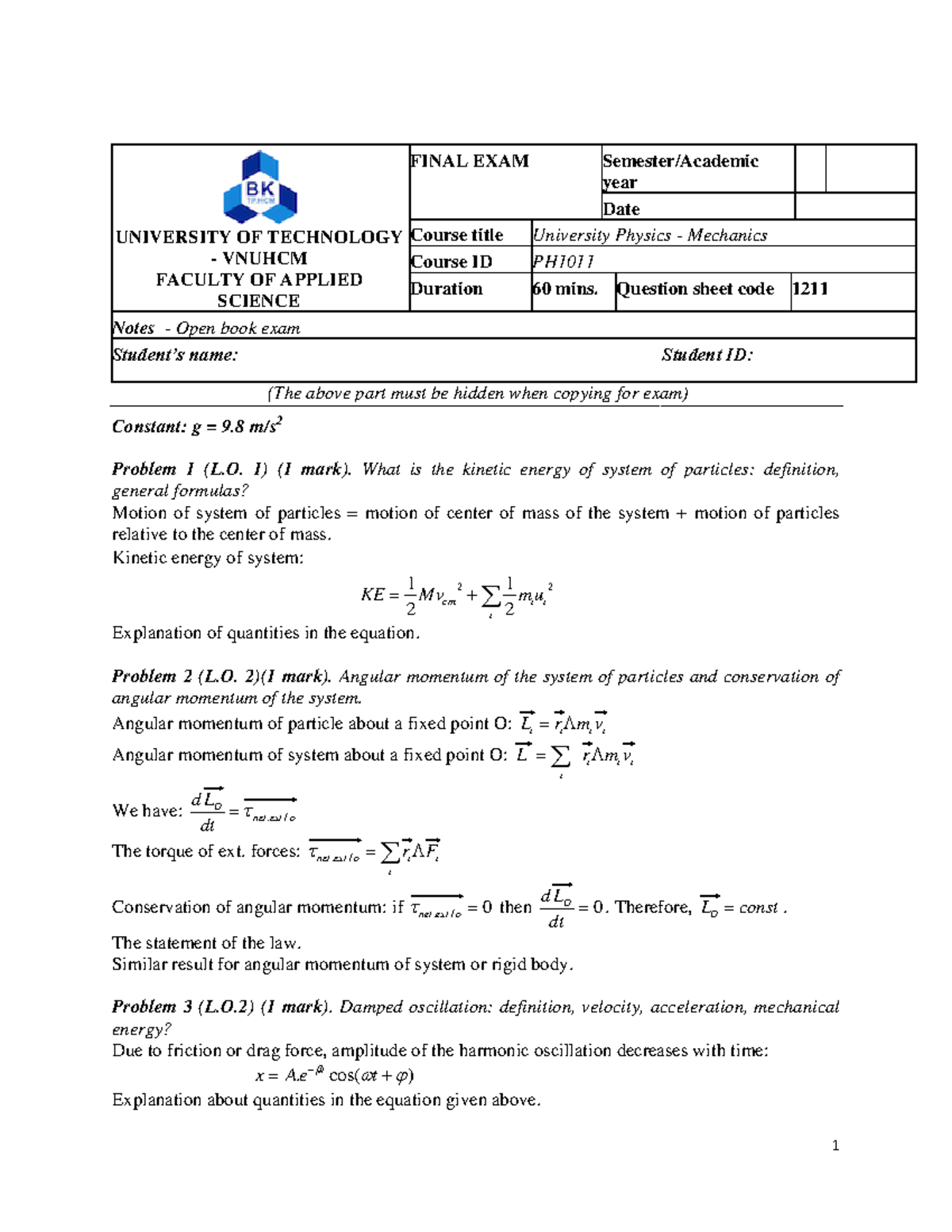 FINAL EXAM PH1011: University Physics Mechanics Notes - Studocu