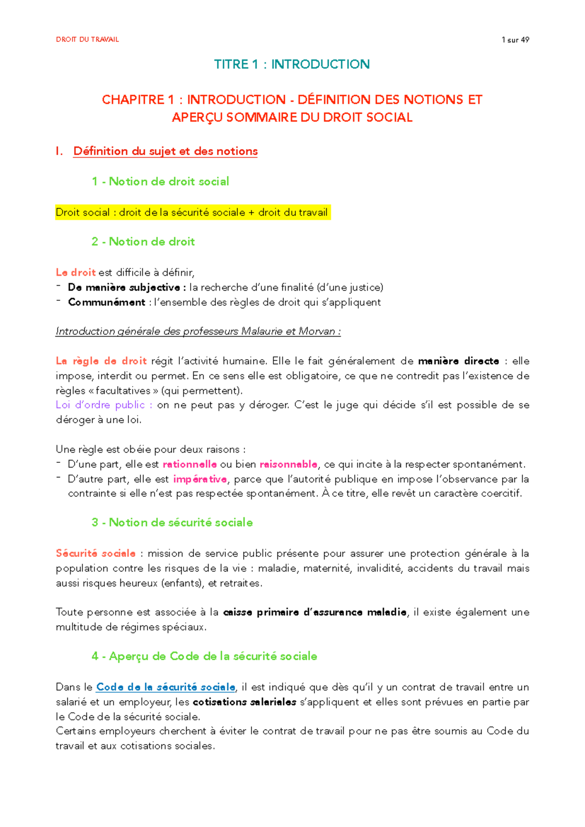 Droit DU Travail cours complet - TITRE 1 : INTRODUCTION CHAPITRE 1 ...