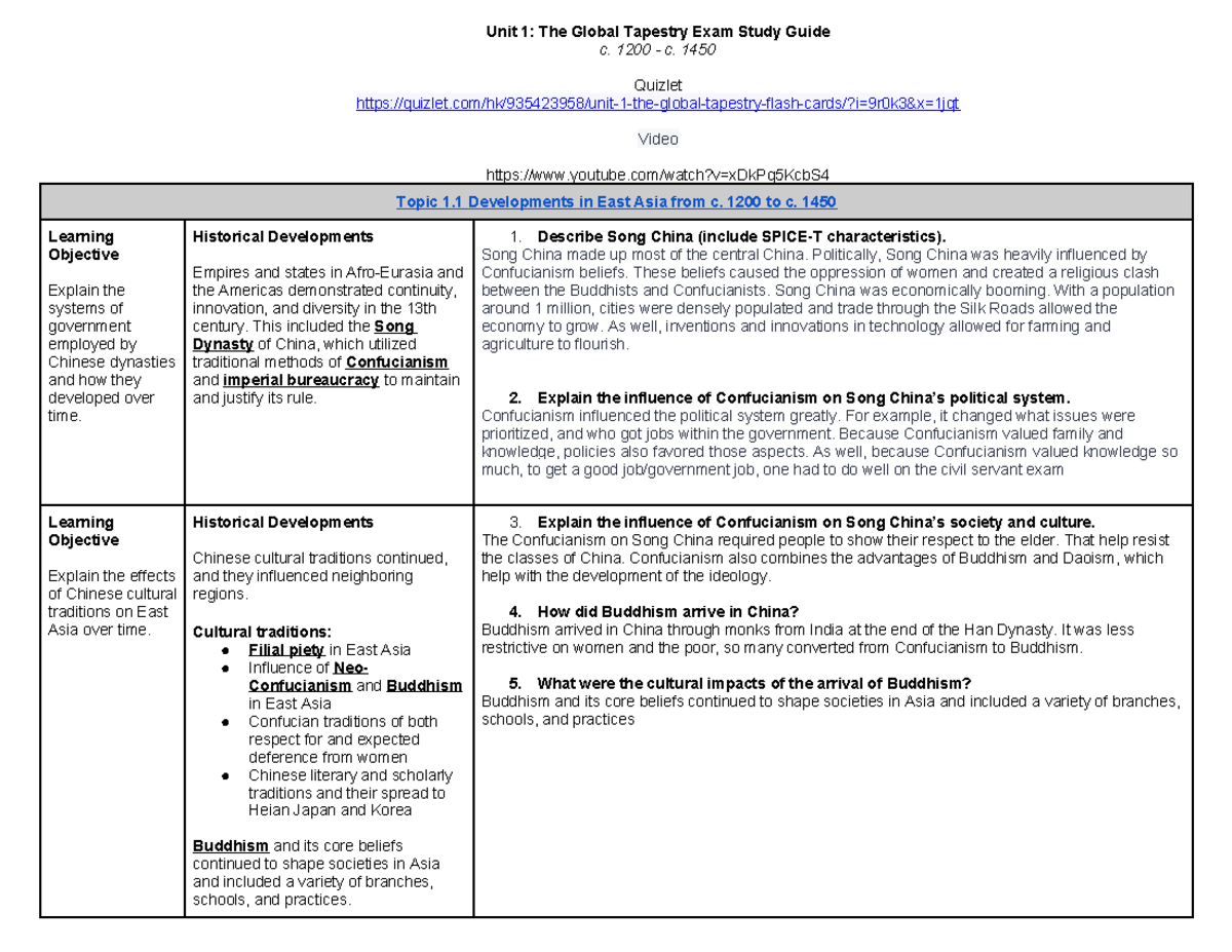 Copy of AP World History Unit 1 Study Guide (2) - Arthur - Unit 1: The ...