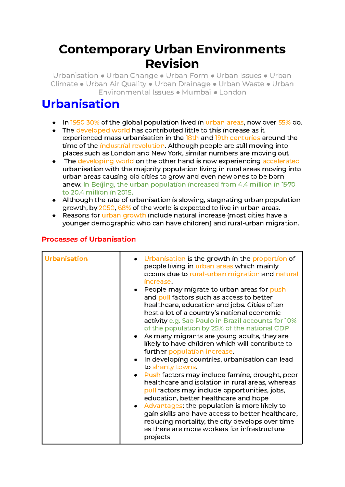 AQA A Level Geography: Urban Environments Revision Notes - Studocu