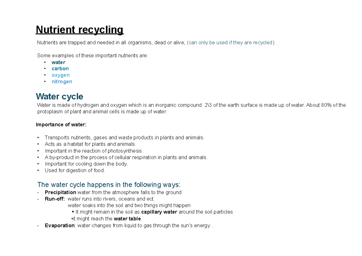 Nutrient Recycling Summary: Water & Nitrogen Cycles Explained - Studocu
