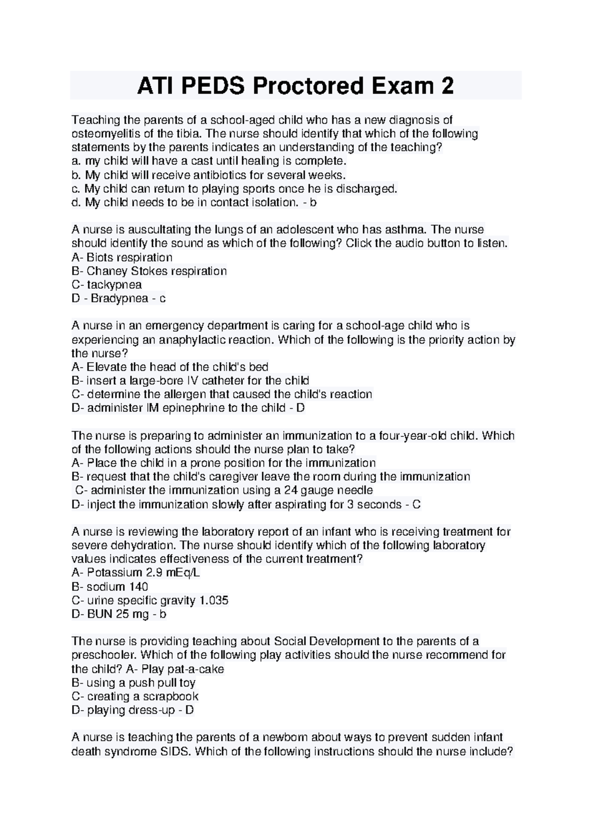 ATI PEDS Proctored Exam 2: Key Concepts in Pediatric Nursing Care - Studocu