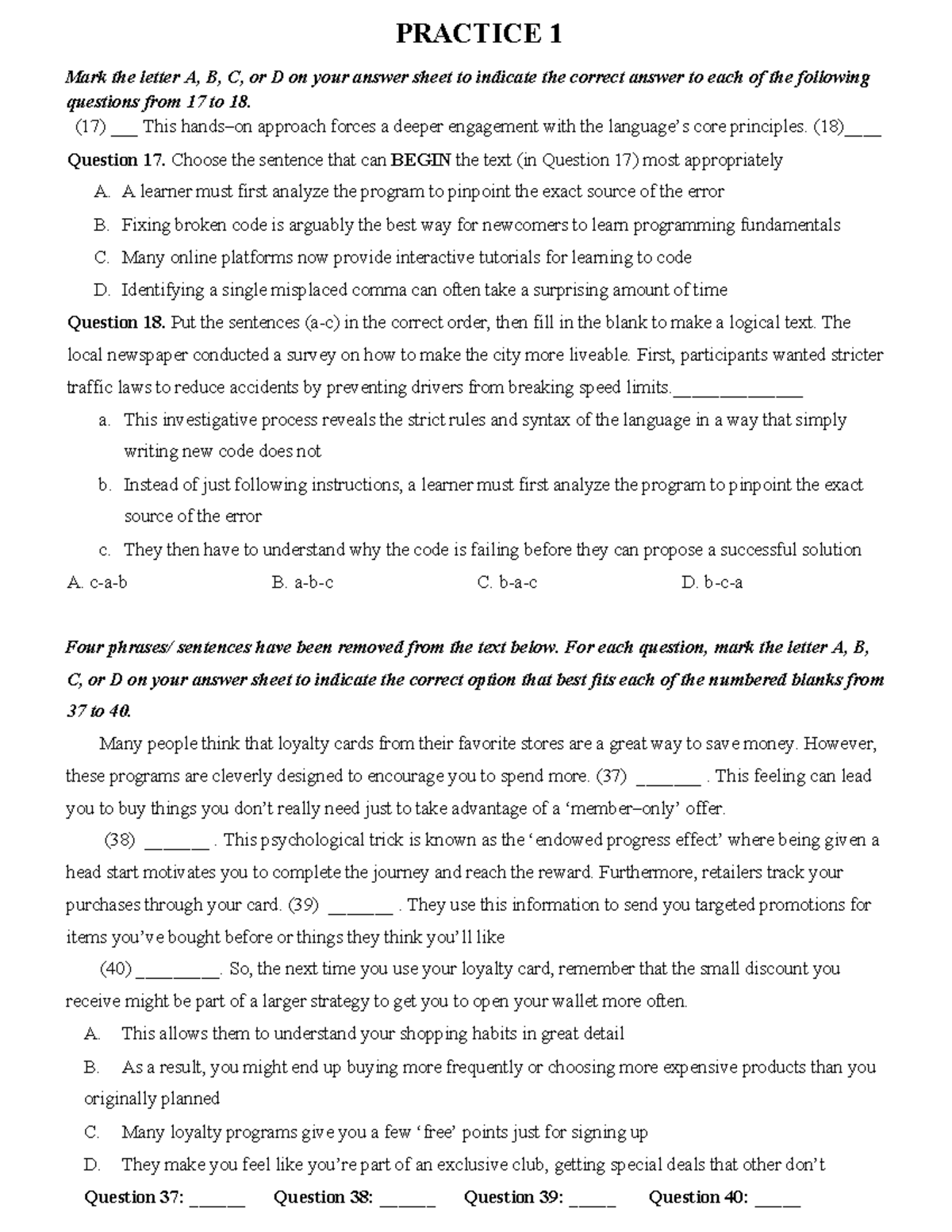 PRACTICE 1 & 2: Answer Key for Questions 17-40 - Studocu