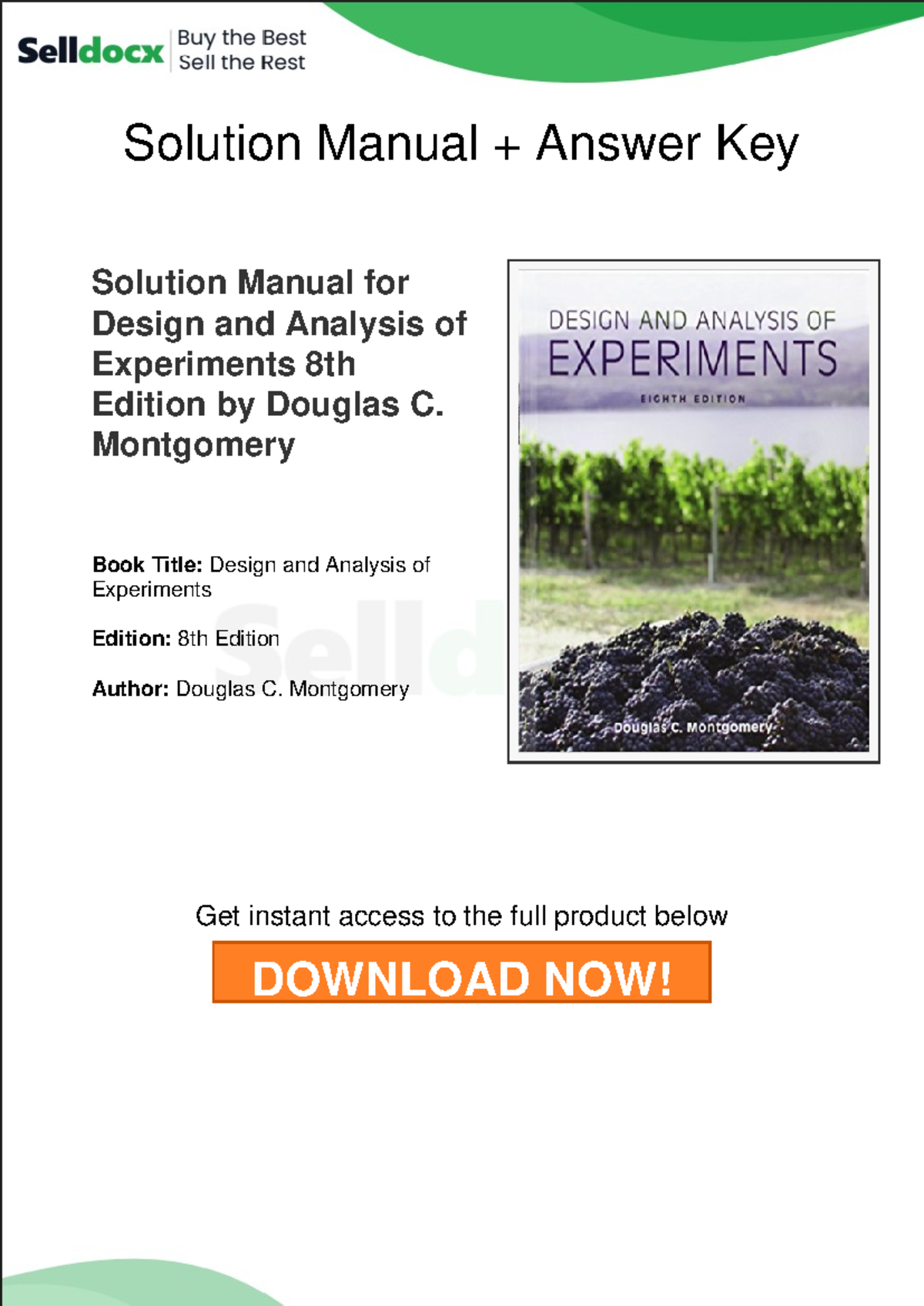 Solution Manual for Design & Analysis of Experiments (8th Ed) - Studocu