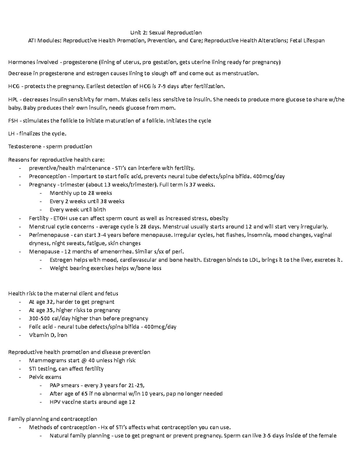 Unit 2: Reproductive Health Promotion & Prevention - Family 2 Notes ...