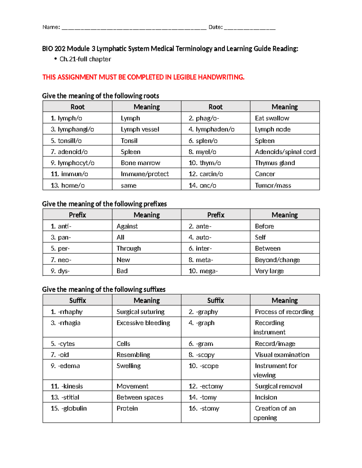 BIO 202 Module 3 Final Exam Study Guide: Lymphatic System Terms - Studocu