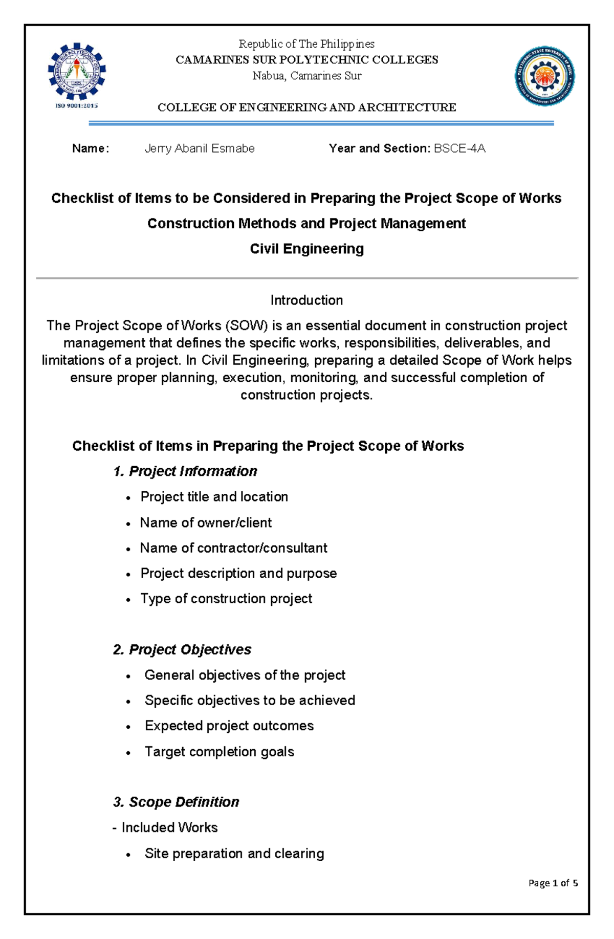 CE 101: Project Scope of Works Checklist for Civil Engineering - Studocu