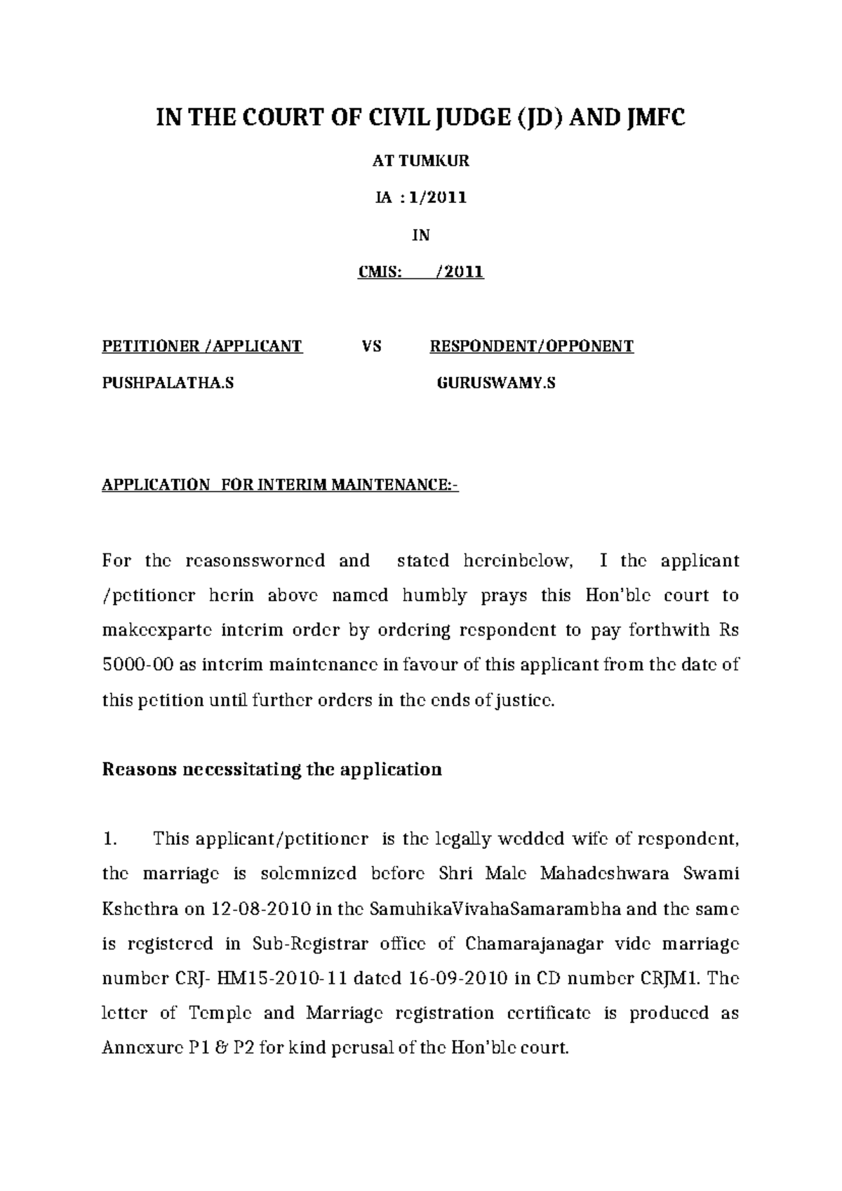 Application for Interim Maintenance - IA: Pushpalatha.S vs Guruswamy.S ...
