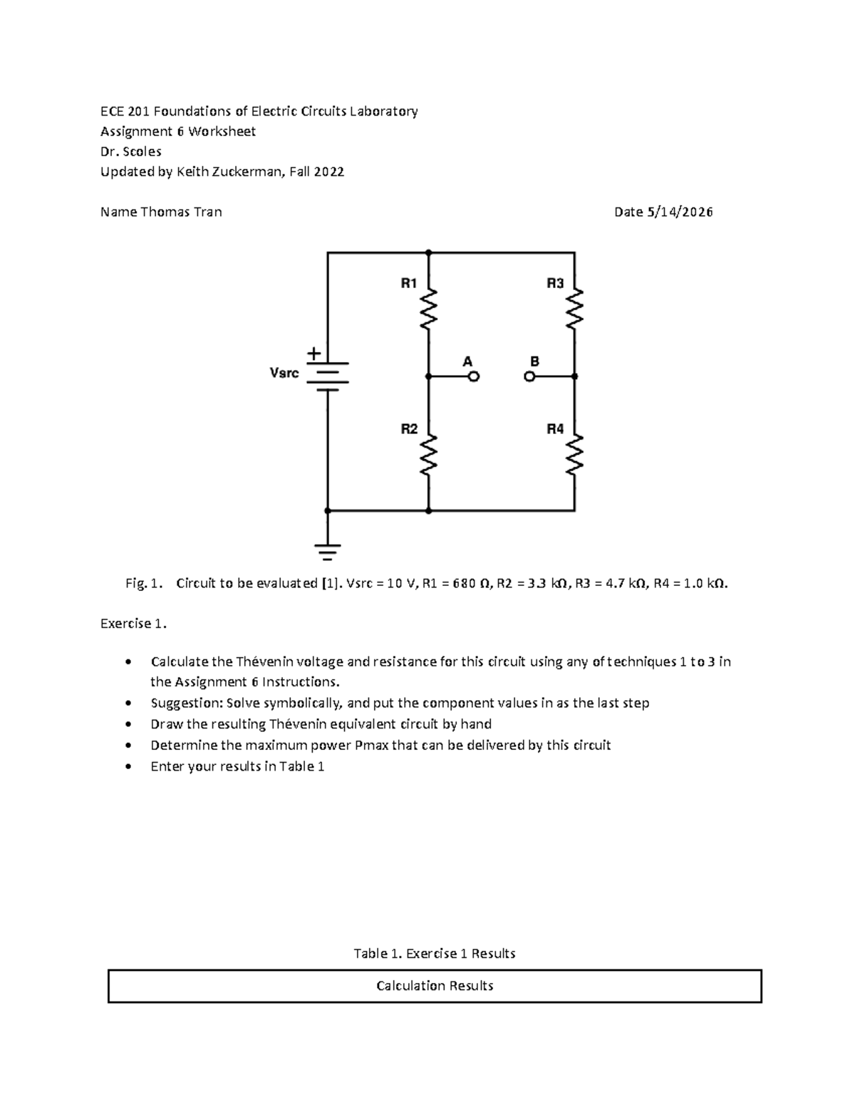 ECE 201 Foundations of Electric Circuits Lab Assignment 6 Worksheet ...