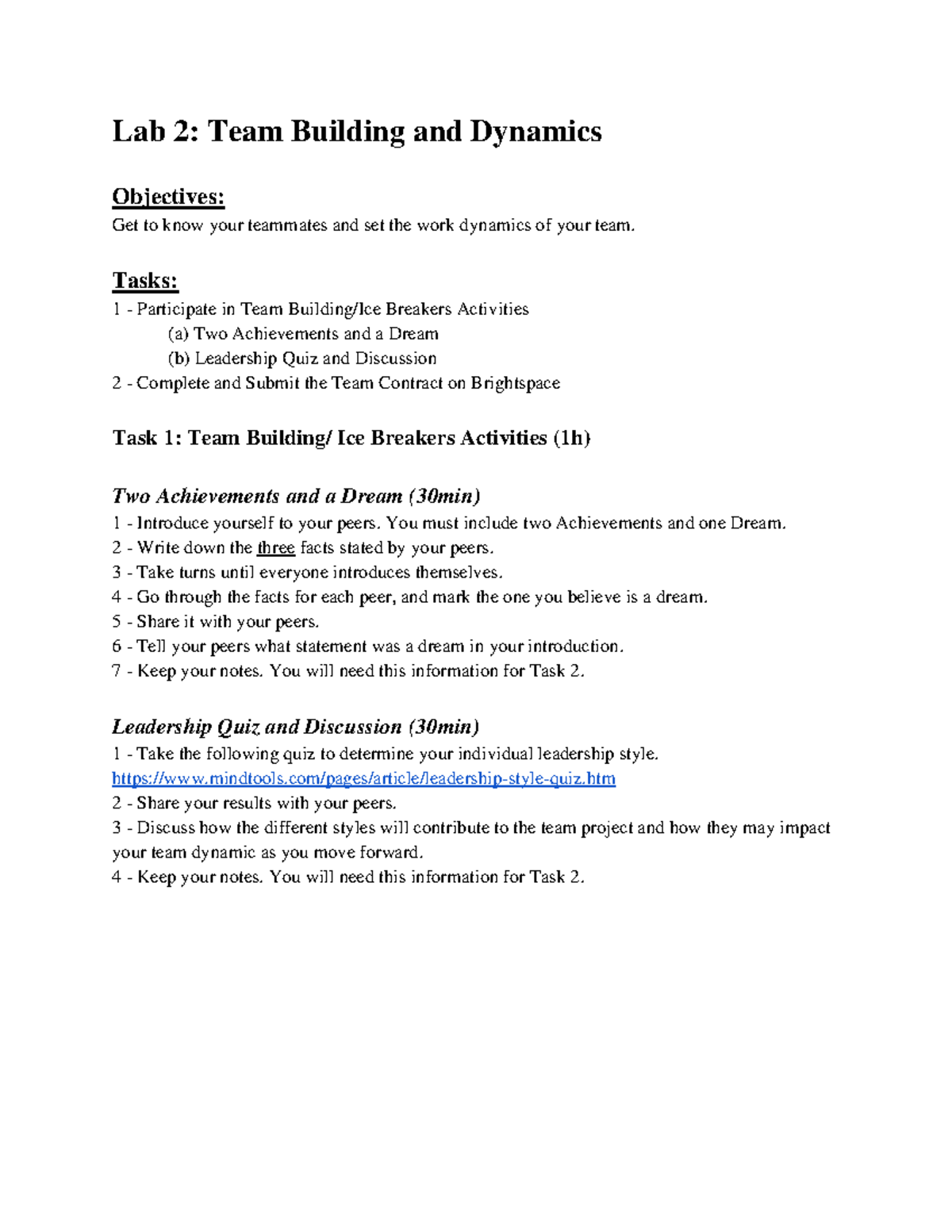 ECOR 1042 Lab 2 - Team Dynamics - Lab 2 : Team Building and Dynamics ...
