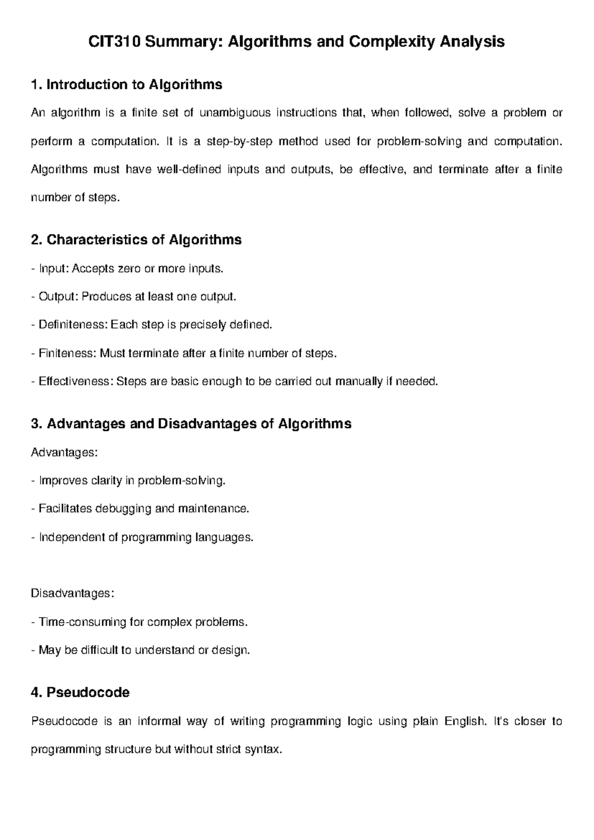 CIT310: Comprehensive Exam Summary on Algorithms & Complexity - Studocu