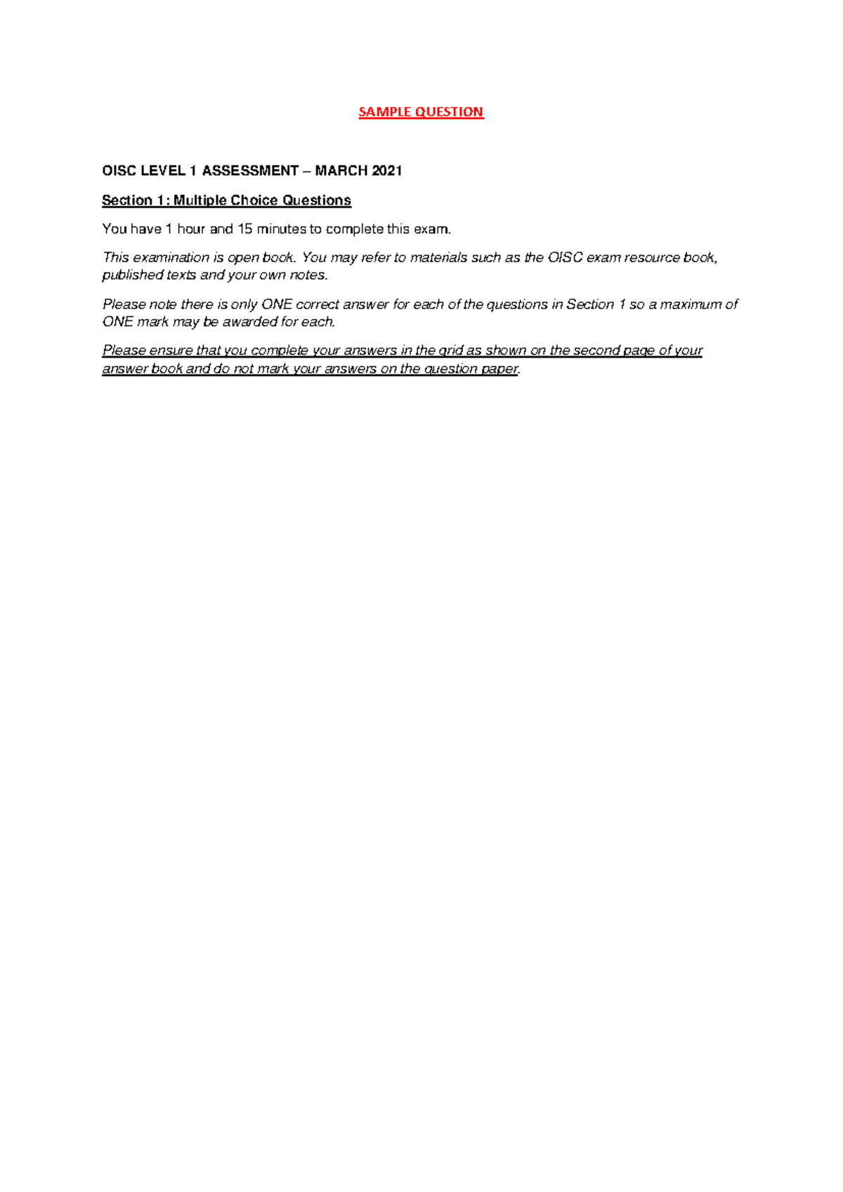 OISC LEVEL 1 ASSESSMENT SAMPLE QUESTIONS MARCH 2021 - Studocu