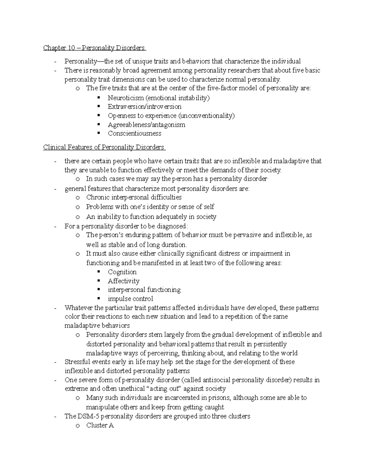 PSYC 435 - Chapter 10 - Personality Disorders Overview and Features ...