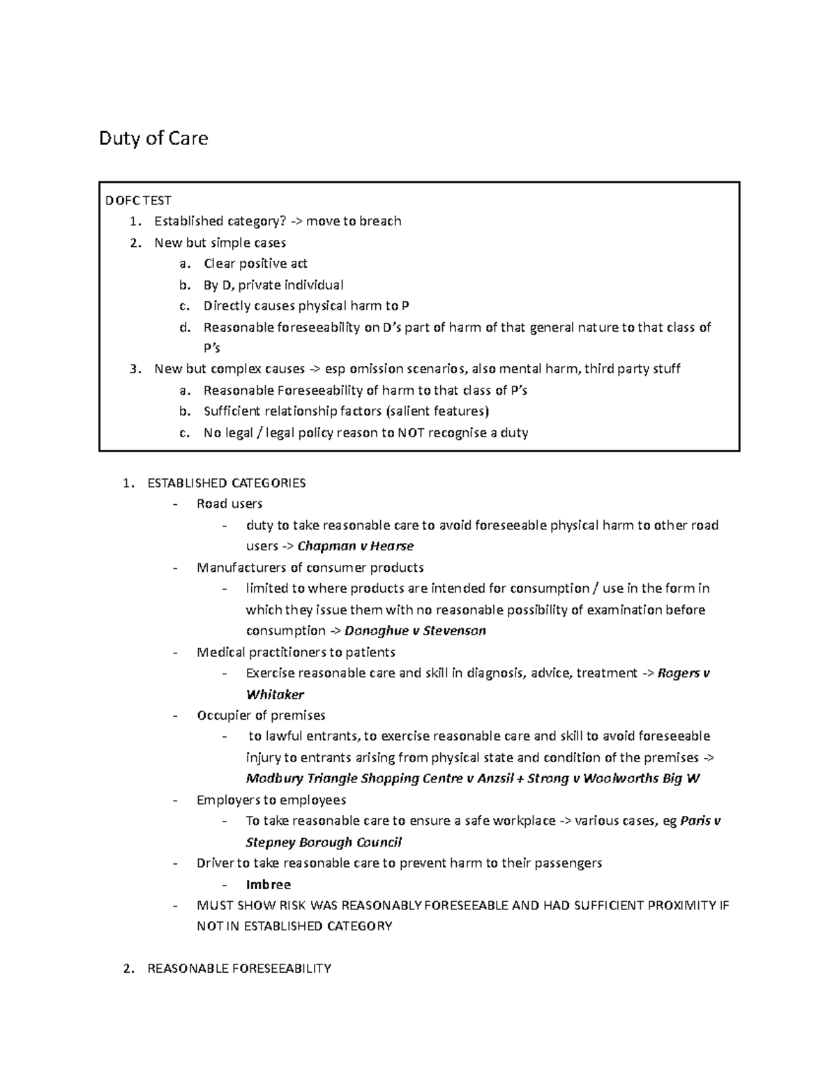 Torts negligence exam notes - Duty of Care DOFC TEST 1. Established ...