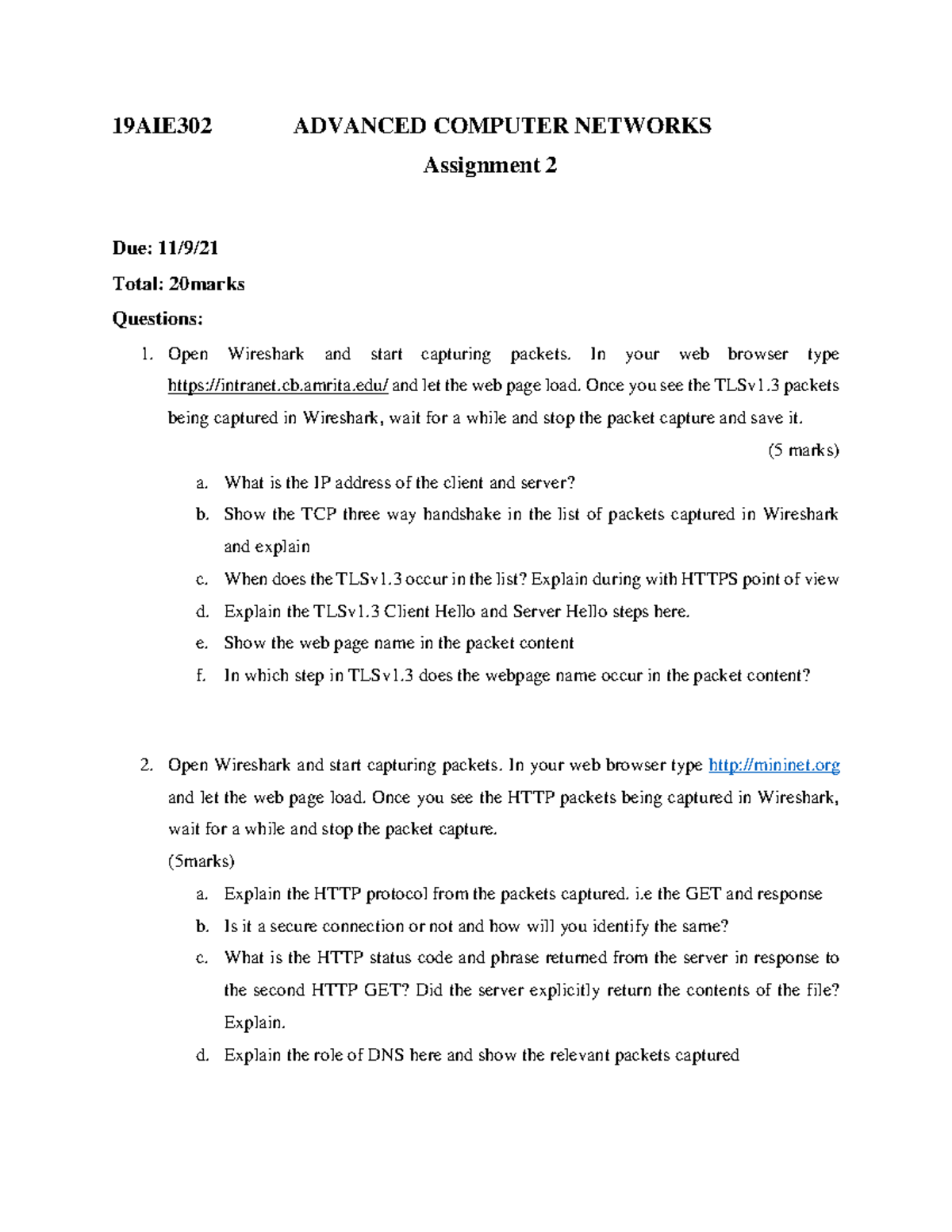 19AIE302 Advanced Computer Networks - Assignment 2 Analysis and Tasks ...