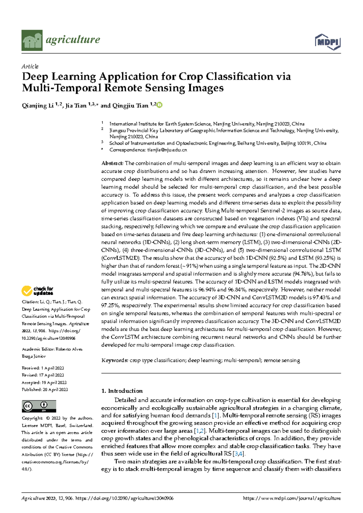 Deep Learning for Crop Classification: A Study on Remote Sensing Images ...