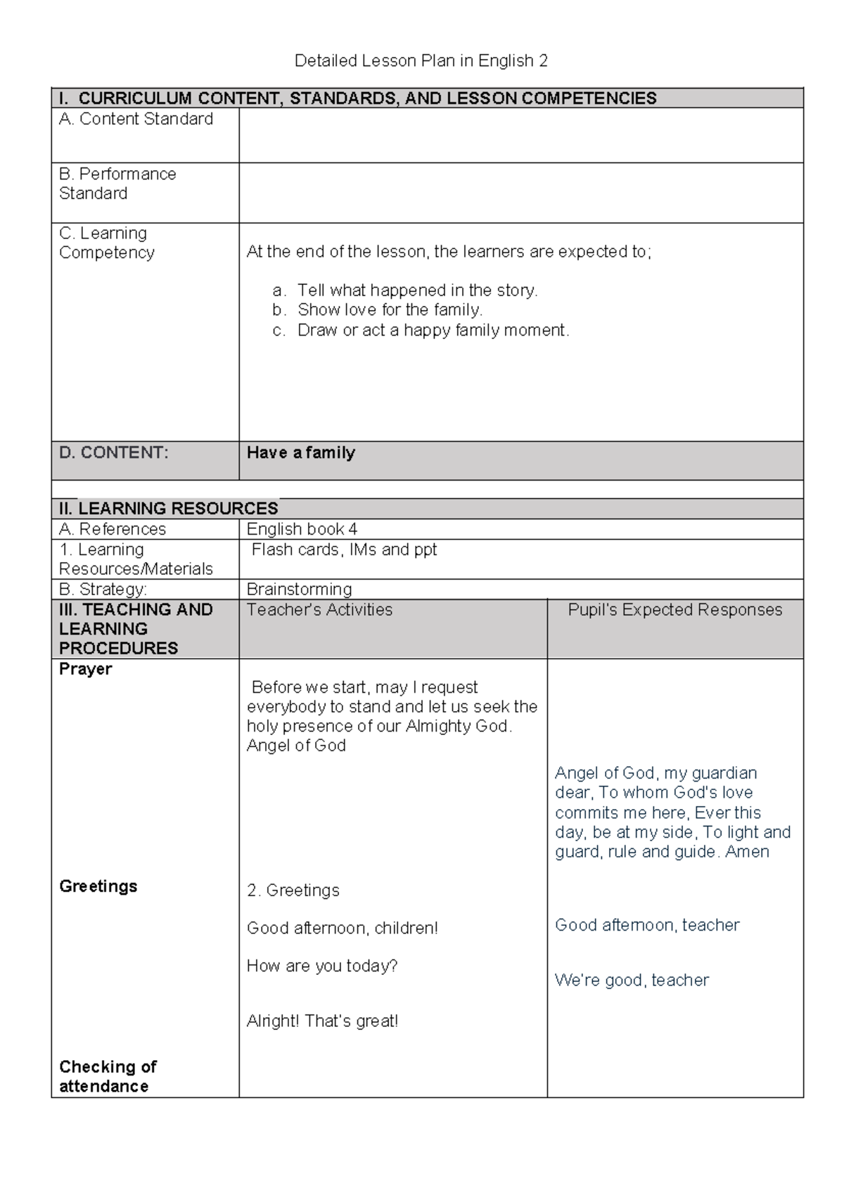 Detailed Lesson Plan for English 2: Family and Storytelling Activities ...