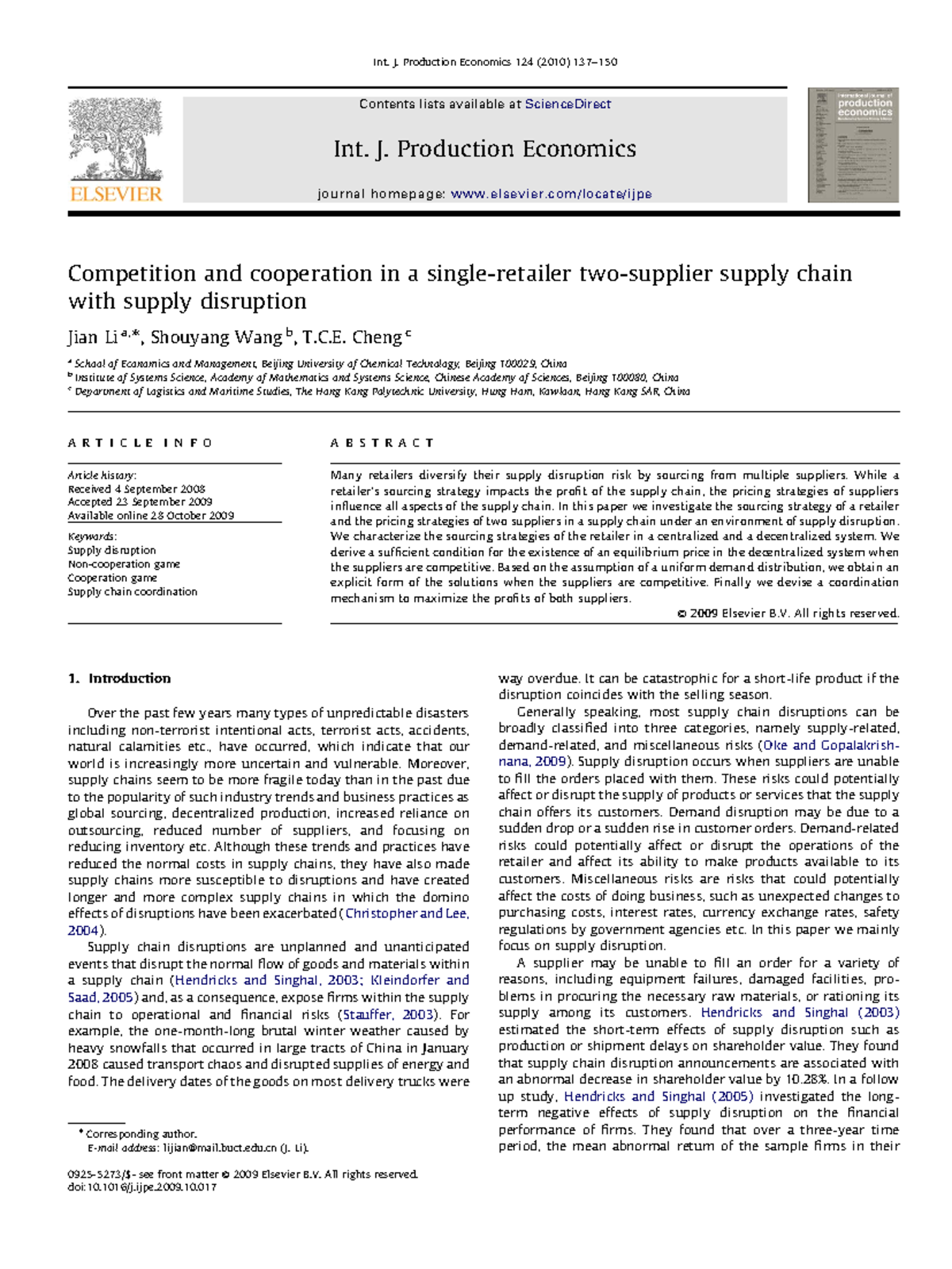 Cooperation and Competition in Supply Chain Risks: A Study on Pricing ...