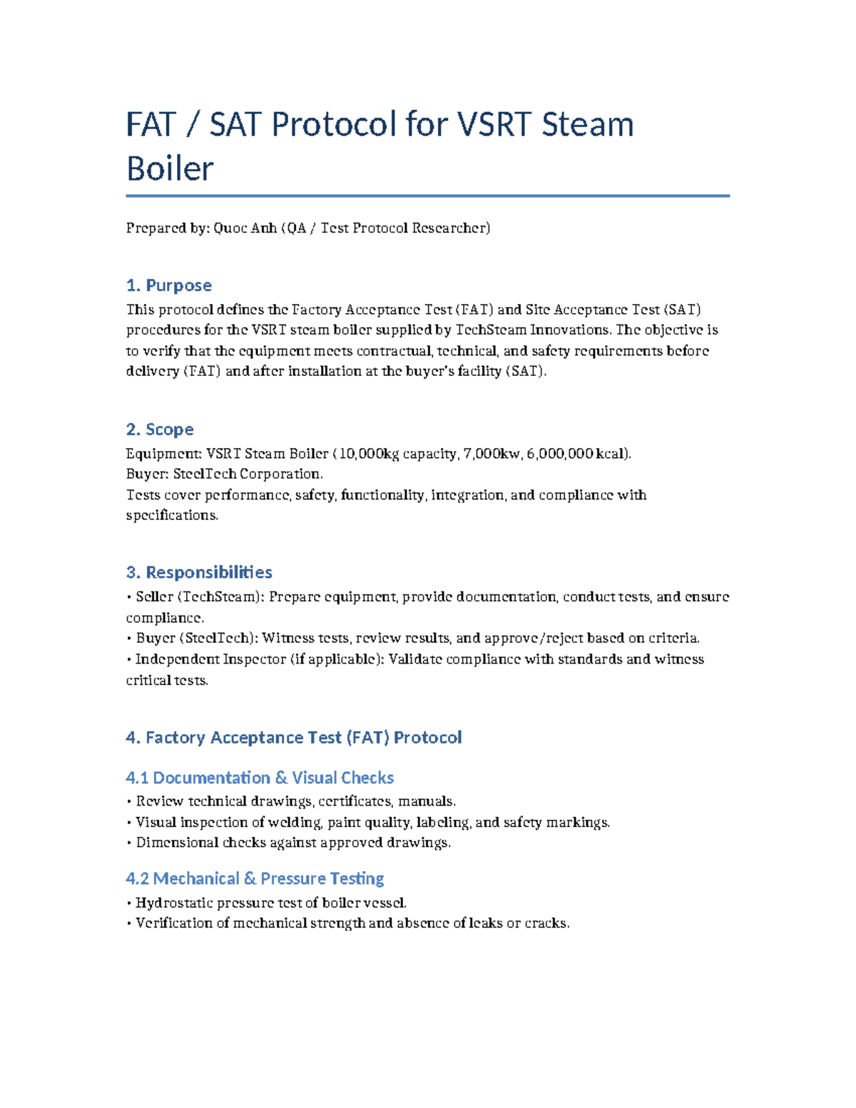 FAT & SAT Protocol for VSRT Steam Boiler - TechSteam Innovations - Studocu