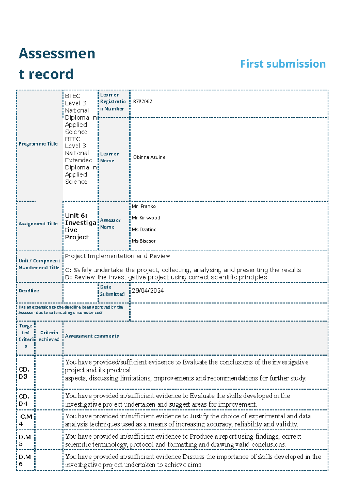 Unit 6: Assessor Investigative Project Report - BTEC Level 3 National ...