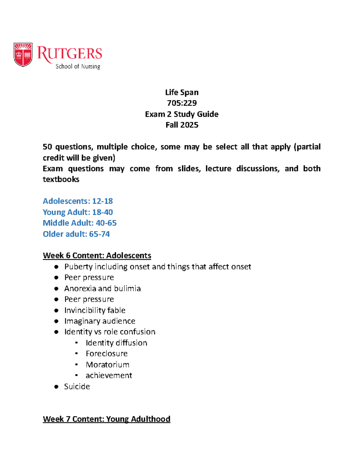 Life Span 705:229 Exam 2 Study Guide - Key Topics & Concepts - Studocu