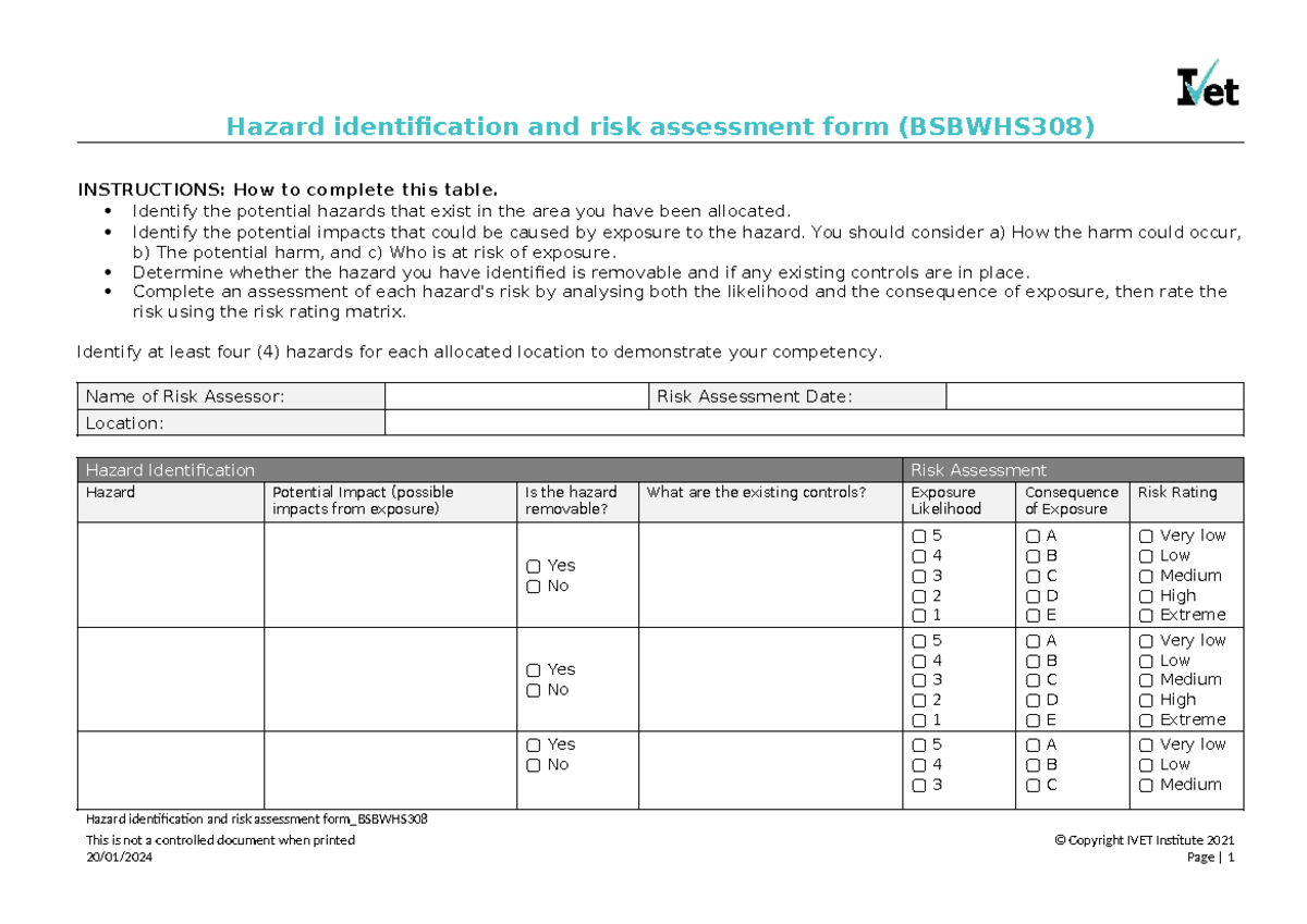 BSBWHS308 Hazard Identification & Risk Assessment Guide 2024 - Studocu