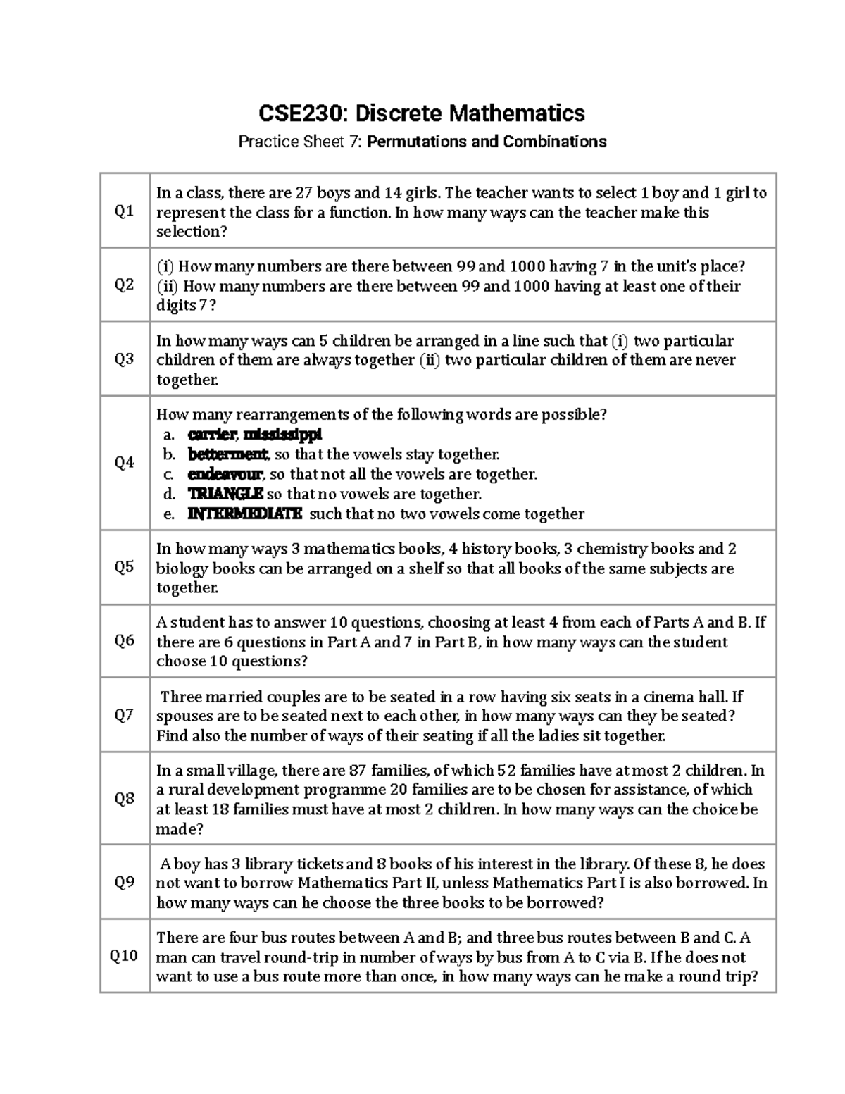 CSE230 Final Exam Problemset: Permutations and Combinations - Studocu