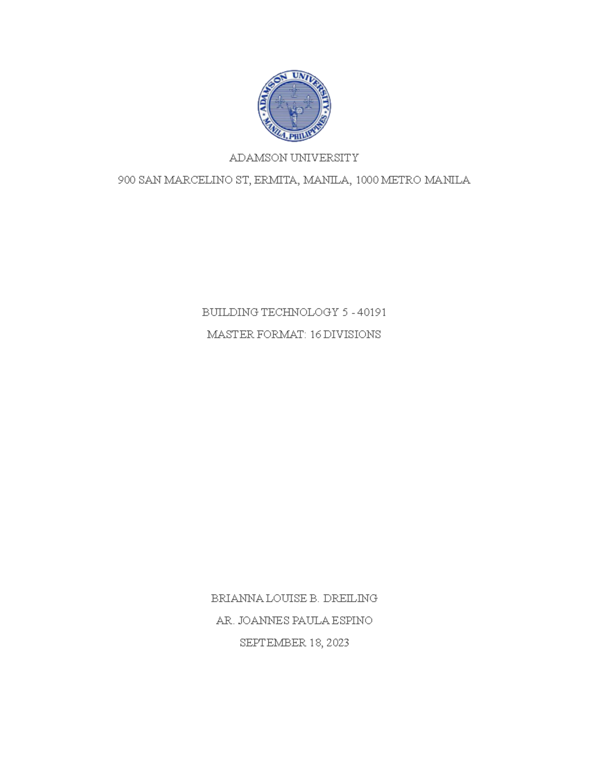 Building Technology 5 (40191): Master Format - 16 Divisions Overview ...