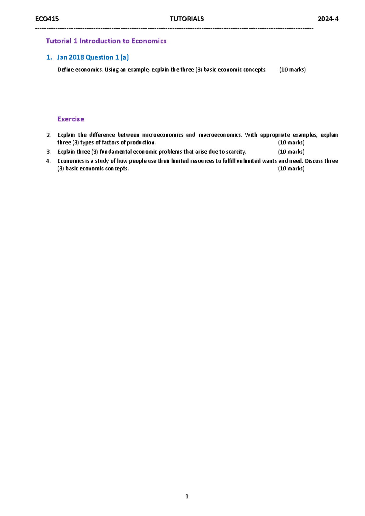 ECO415 Tutorials-I 2024-4 - Tutorial 1 Introduction to Economics 1. Jan ...
