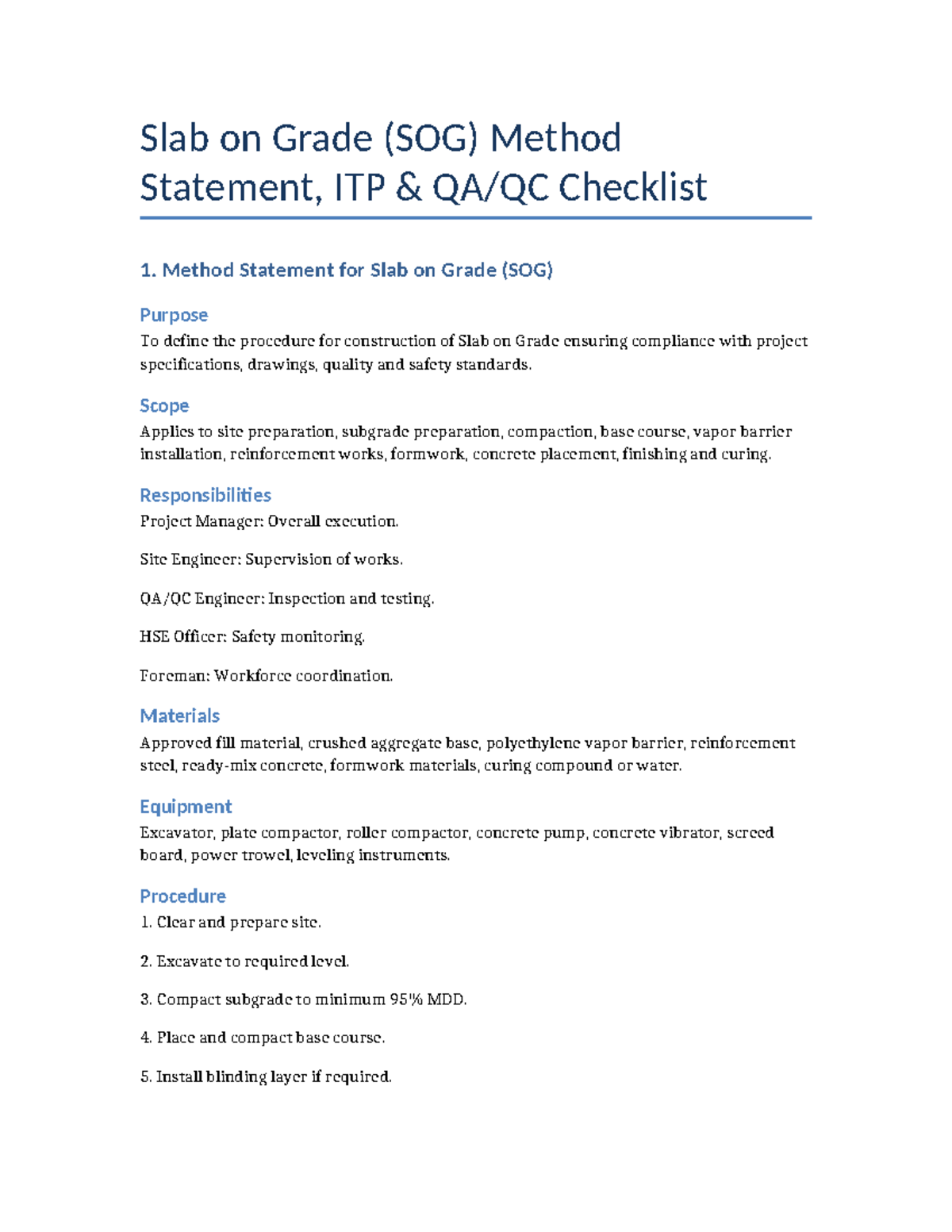 SOG Method Statement & ITP Checklist for Slab on Grade Construction ...