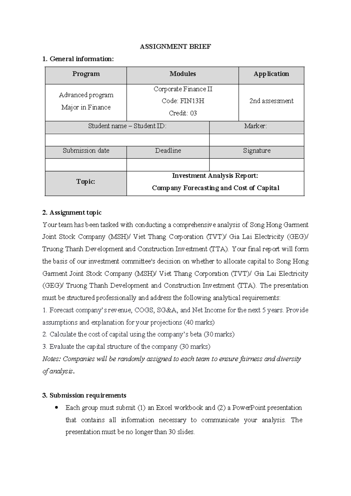 FIN13H Midterm Assignment: Investment Analysis Report on TTA - Studocu