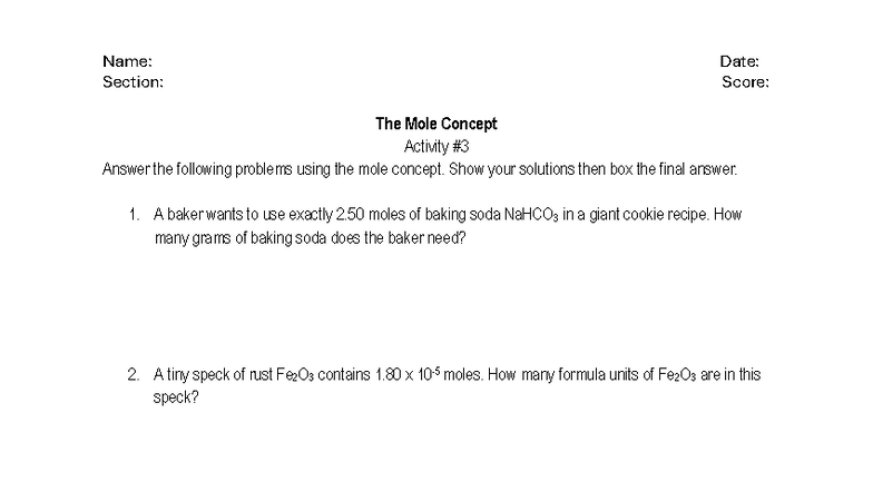 Mole Concept Activity: Problem Solving Guide - Studocu