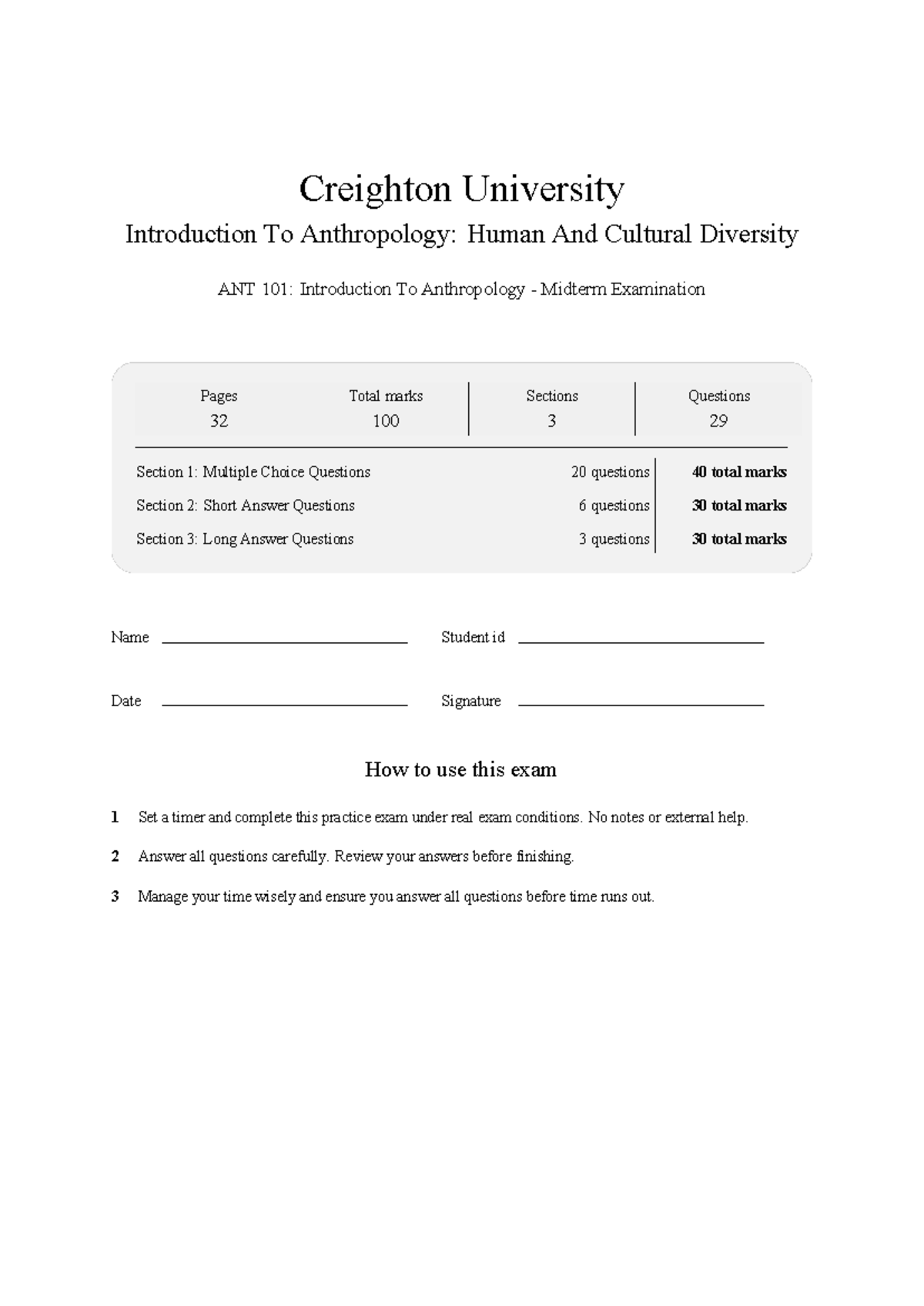 ANT 101: Introduction to Anthropology Midterm Exam Review 2026 - Studocu