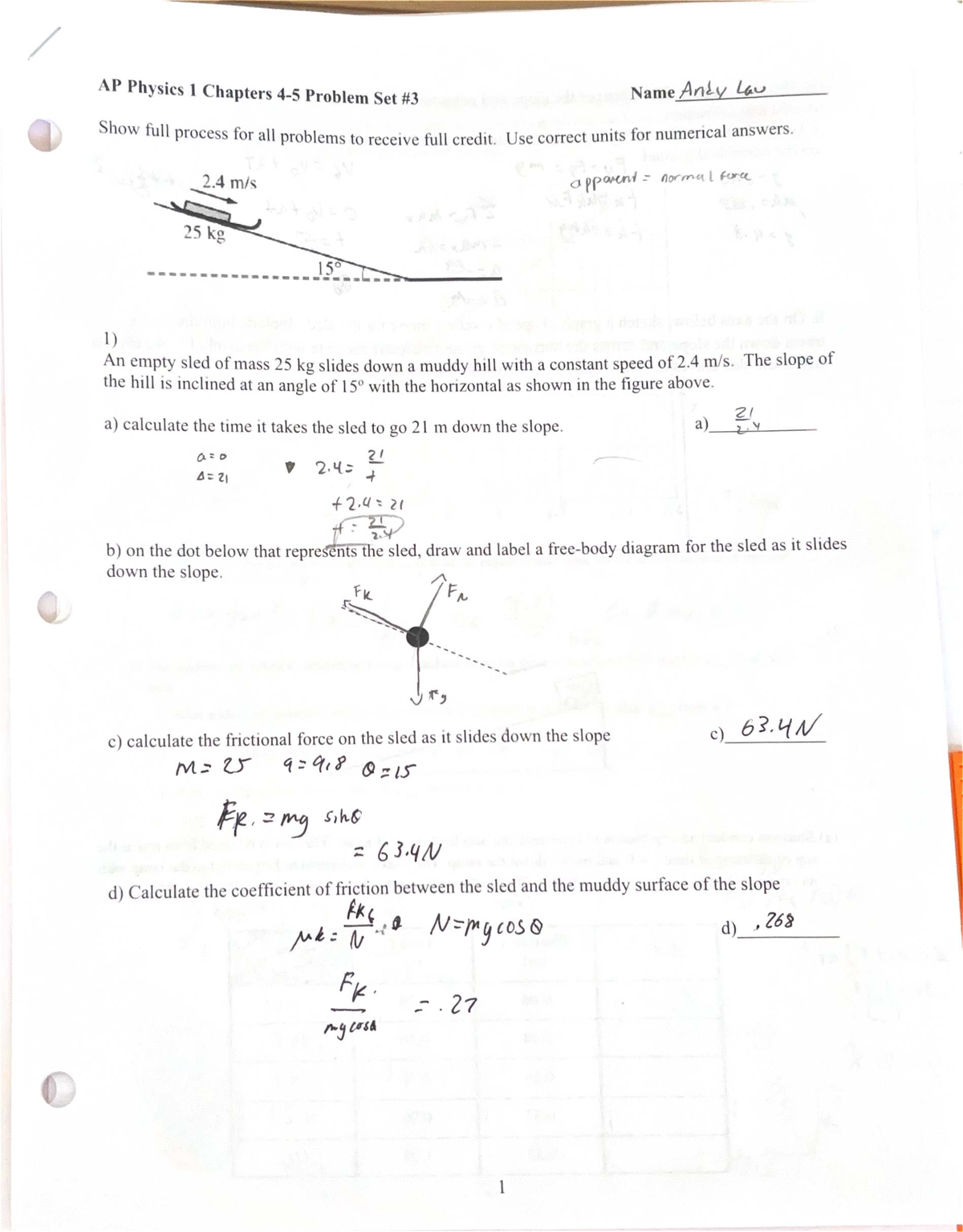 AP Physics 1 Chapters 4-5 Problem Set #3 Solutions and Analysis - Studocu
