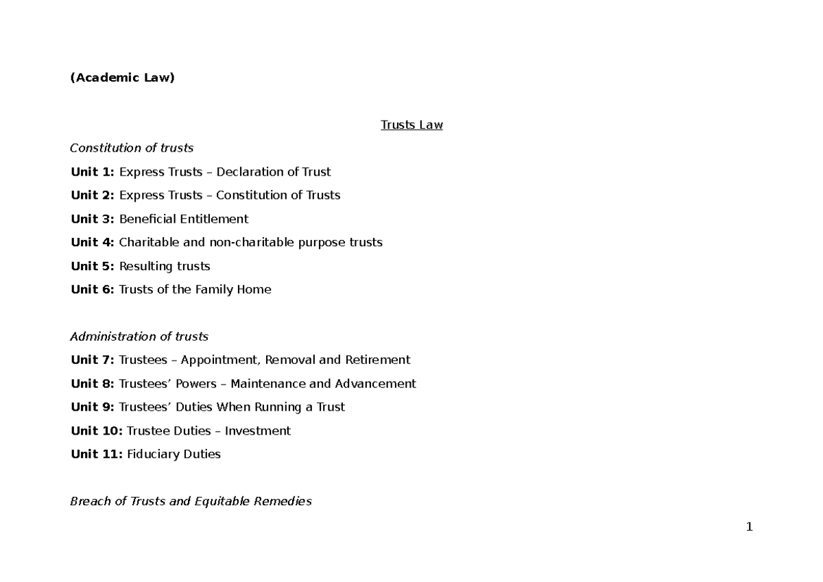 Trusts Law Overview and Key Concepts - For Course Code LW200 - Studocu
