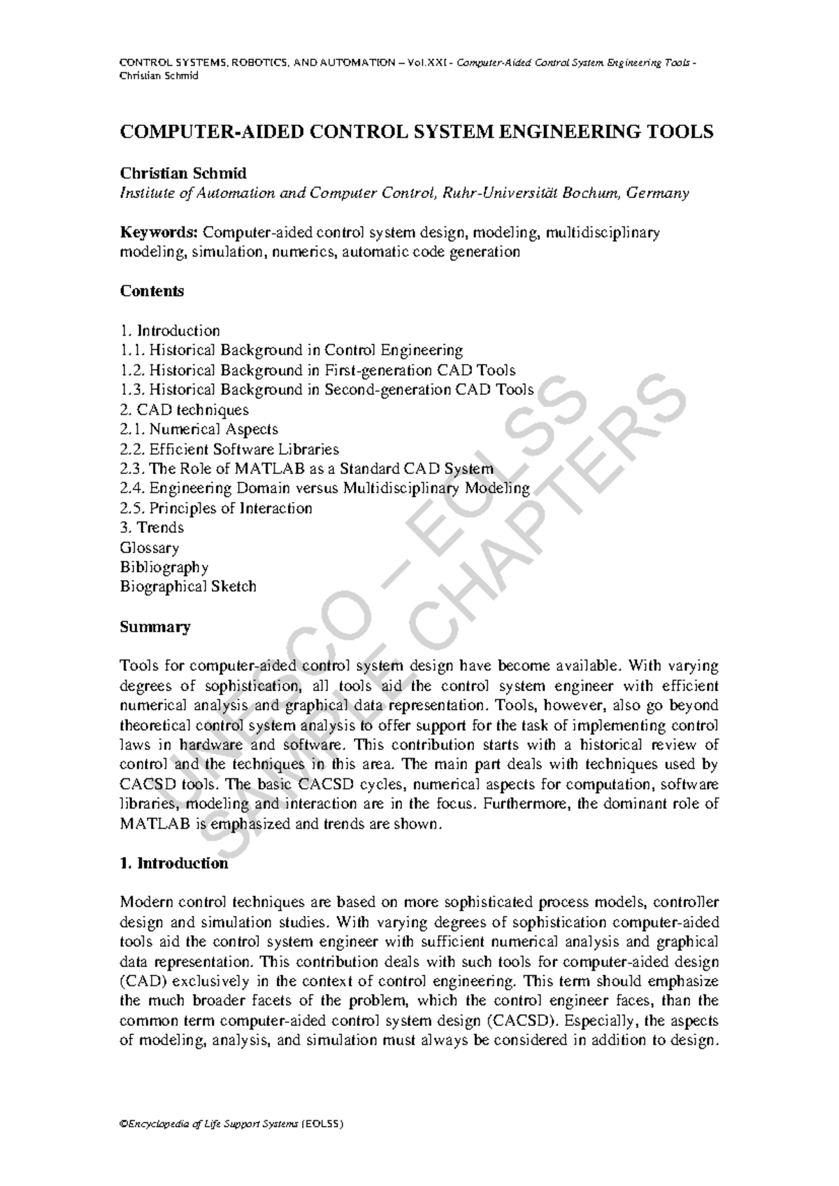 E6 43 37 05 - Computer-Aided Design Techniques in Control Engineering ...