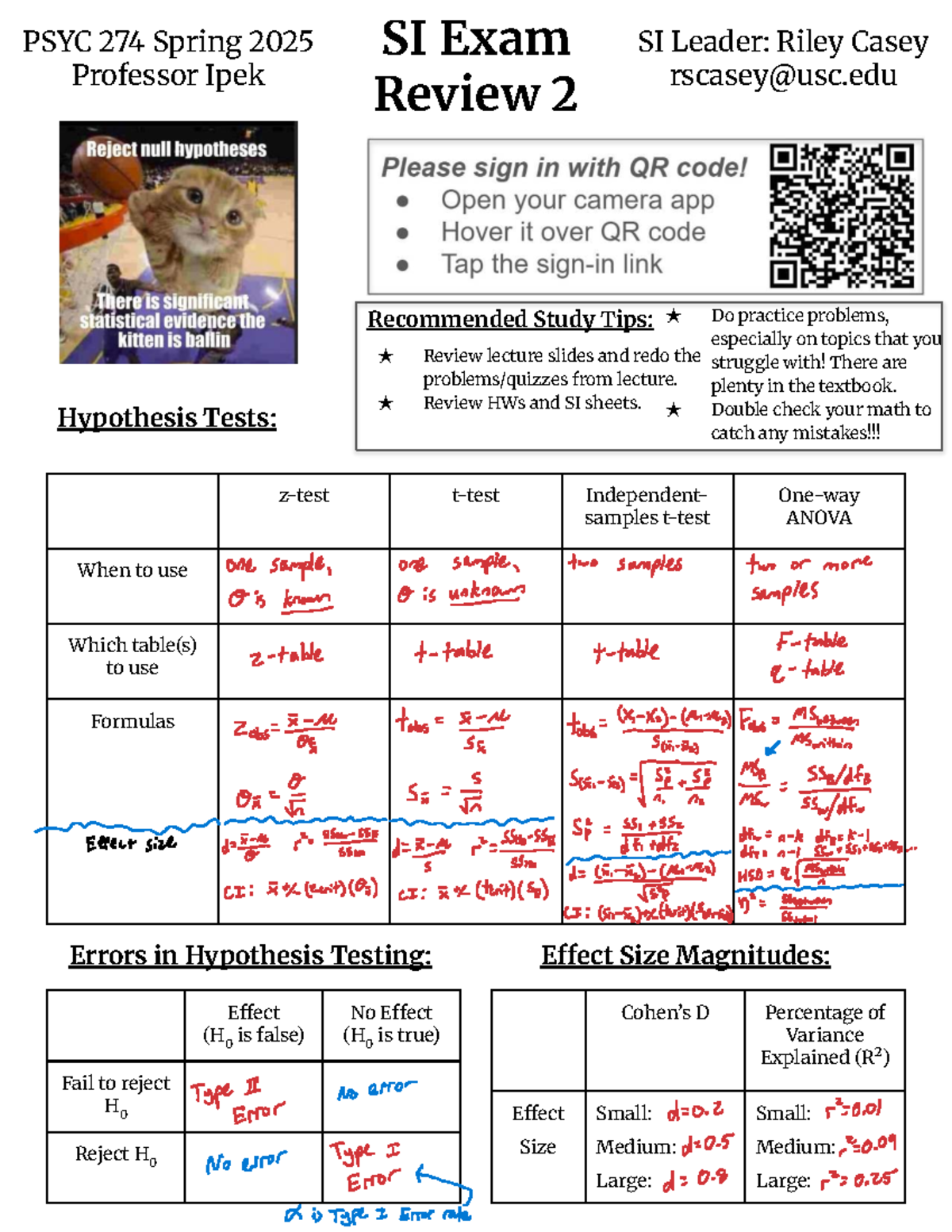 PSYC 274 SP25 SI Exam Review 2 Key - Hypothesis Testing & ANOVA Tips ...