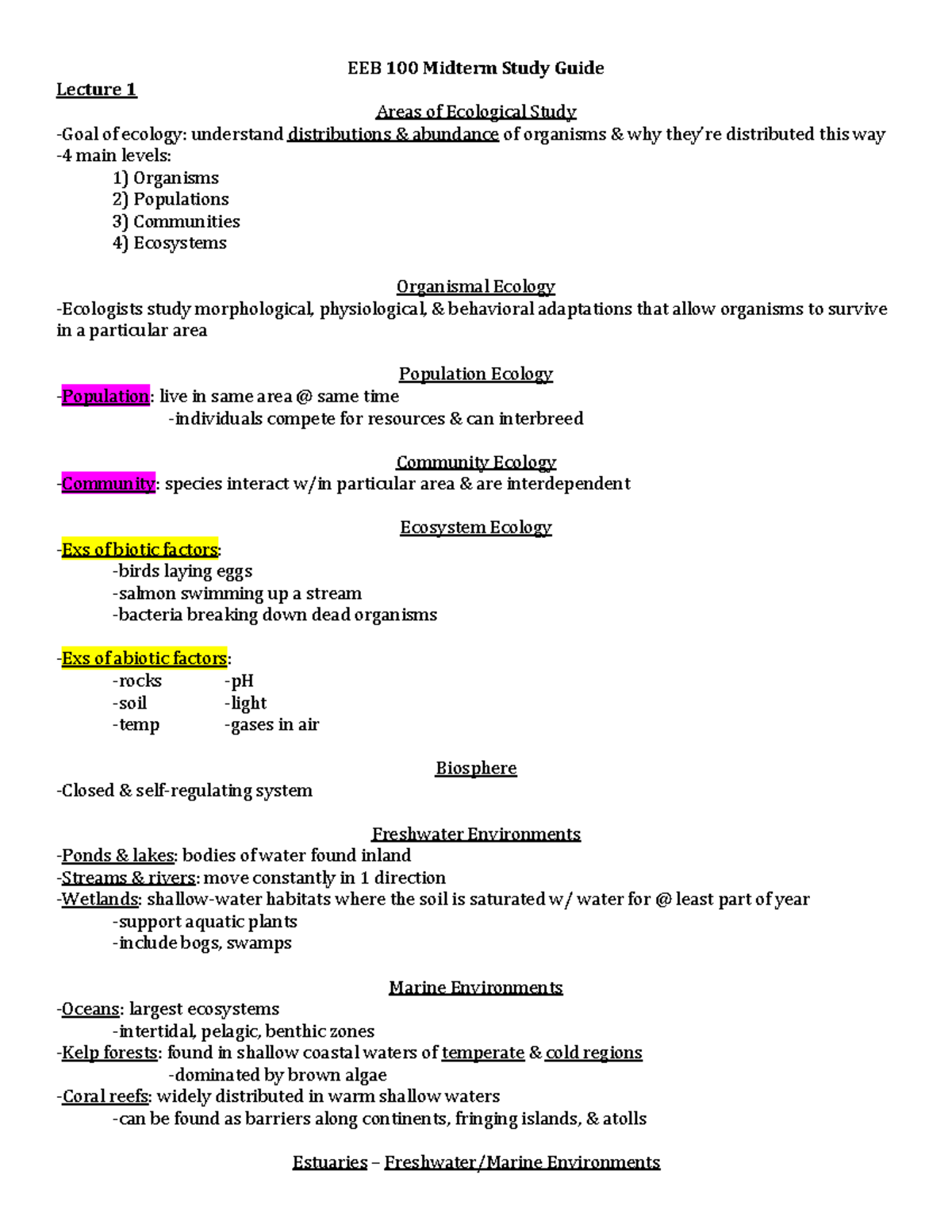 Midterm Study Guide - Summary Introduction to Ecology and Behavior ...
