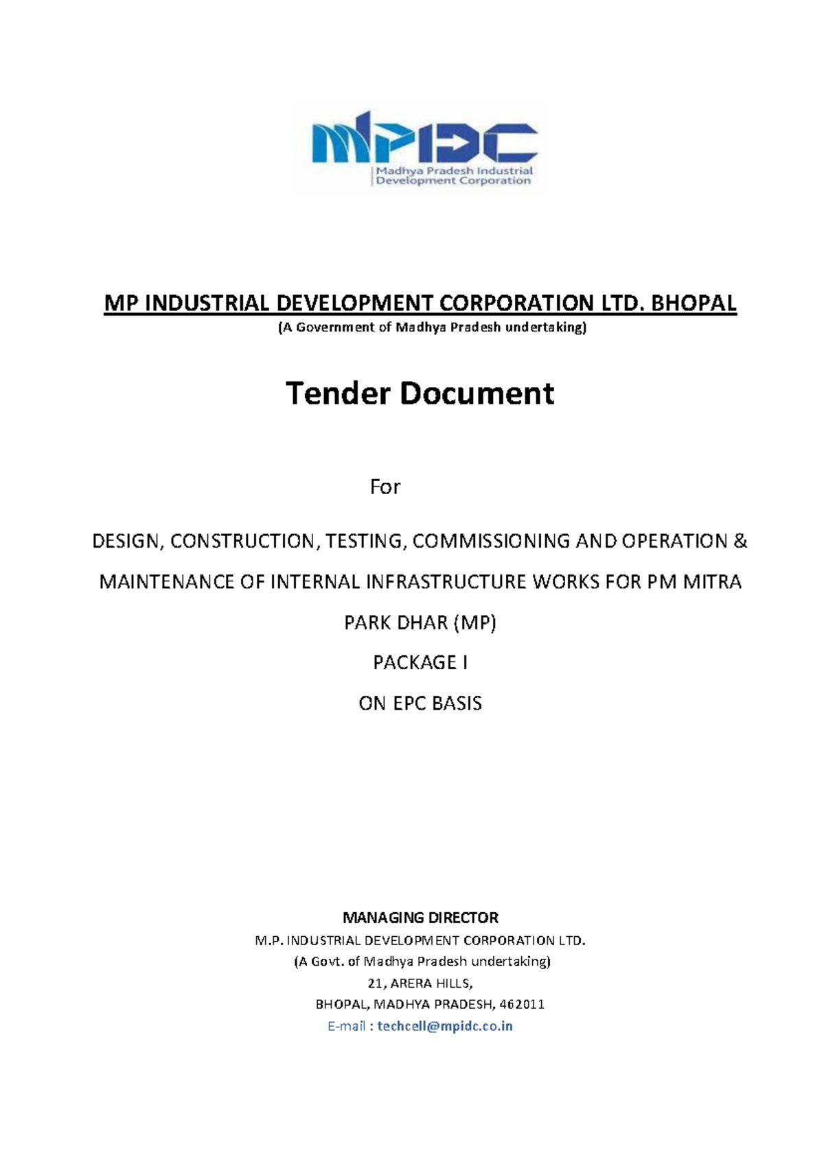 MPIDC Tender Document for PM MITRA Park Dhar: Package I (EPC) - Studocu