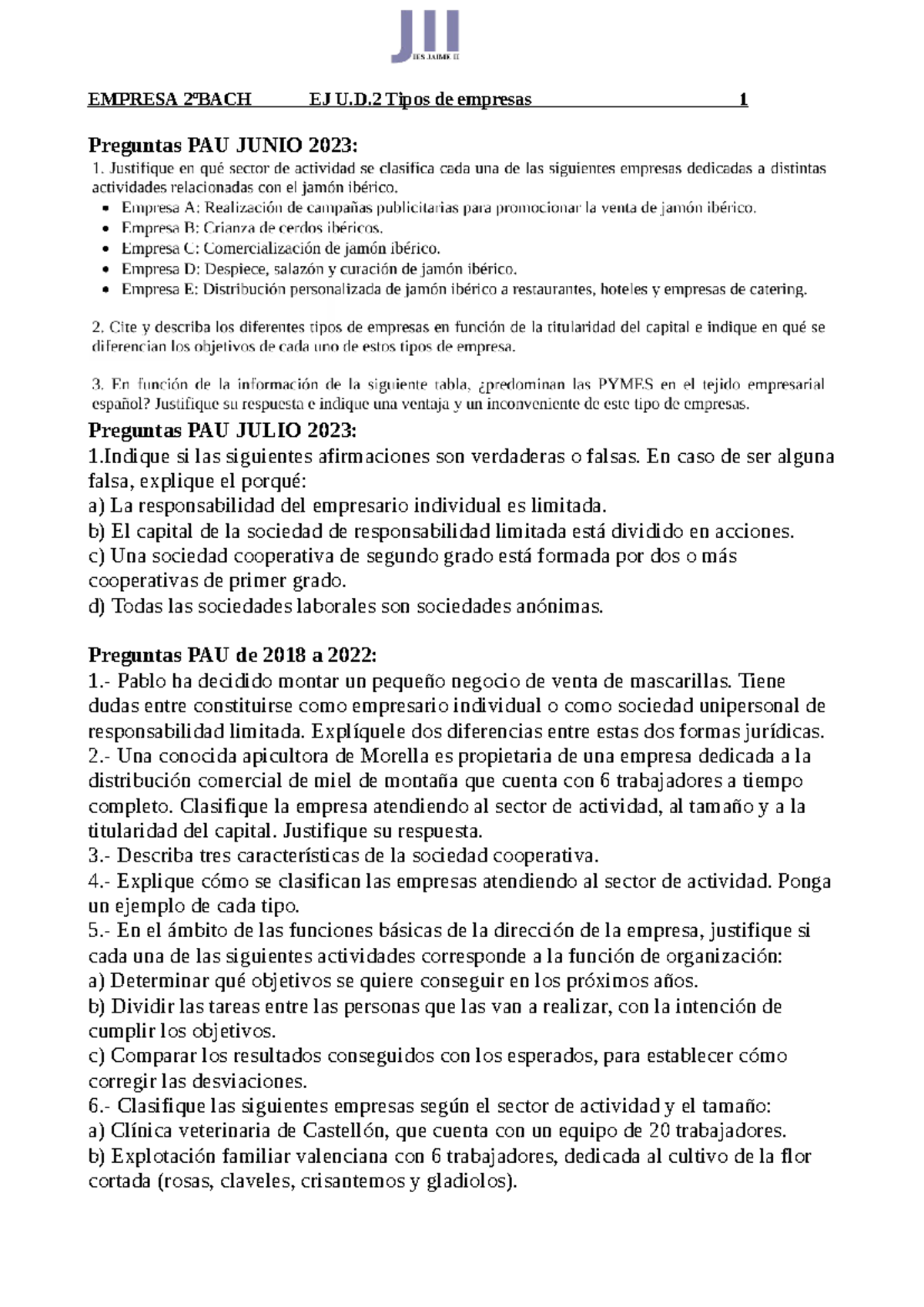 Ejerciciosud 2Tª PAUde 2018 a2023 - EMPRESA 2ºBACH EJ U.D Tipos de ...