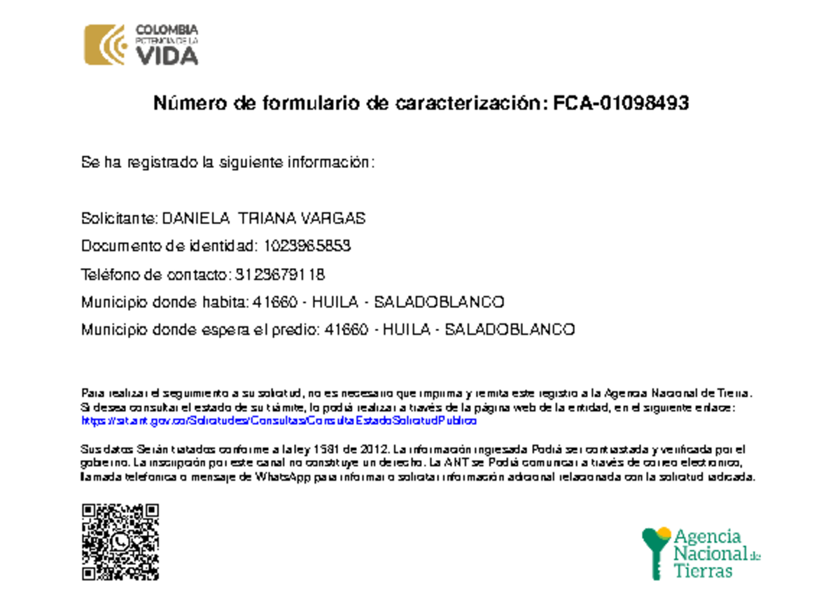 Formulario de caracterización FCA - Solicitud de tierras ANT - Studocu