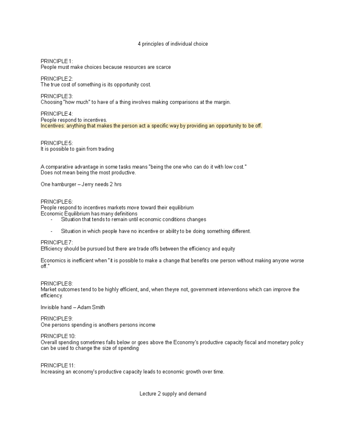 ECON 101 Lecture Notes: Principles of Individual Choice & Market ...