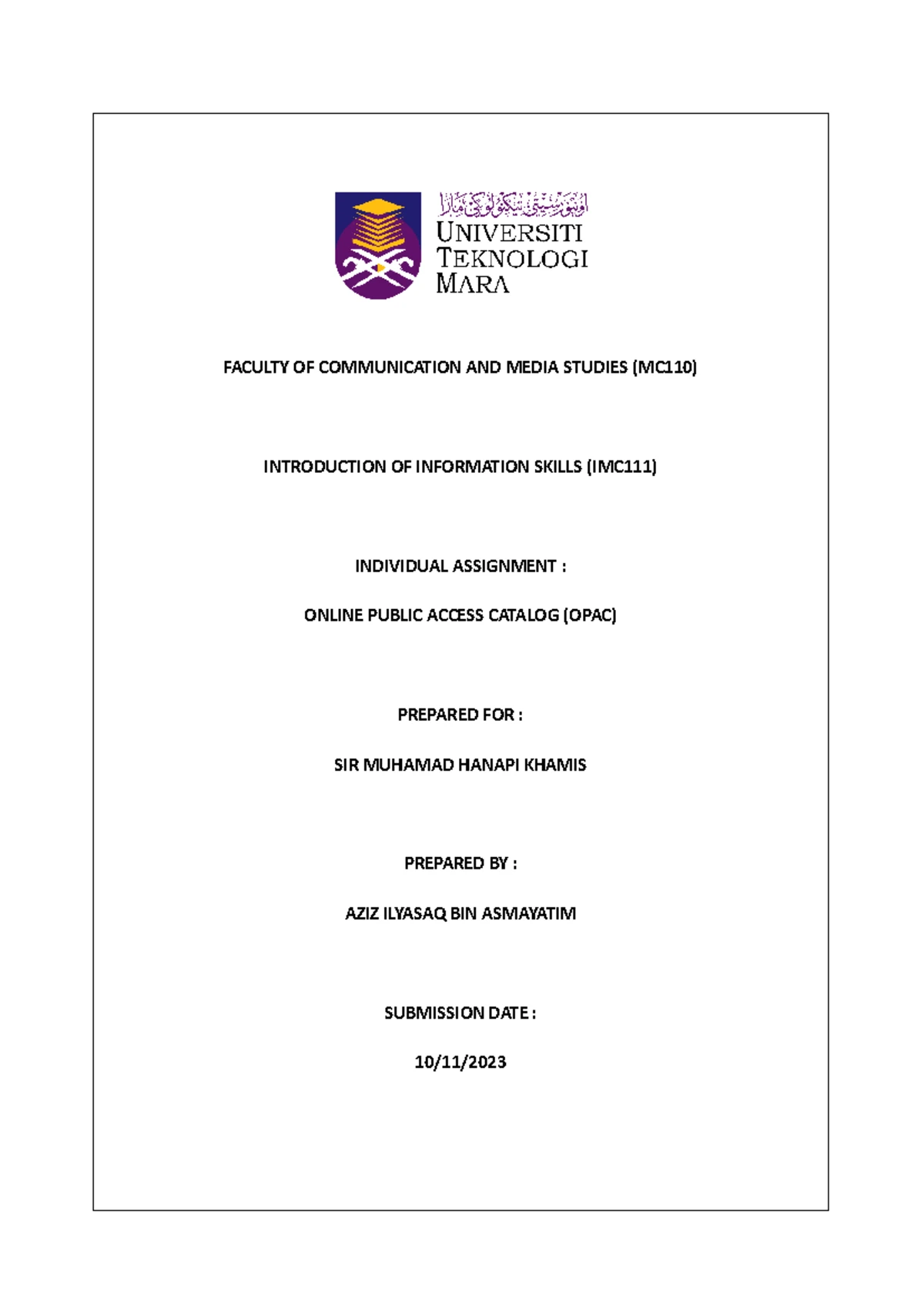 IMC111 - Semester 1 Assignment: Exploring Online Public Access Catalog ...