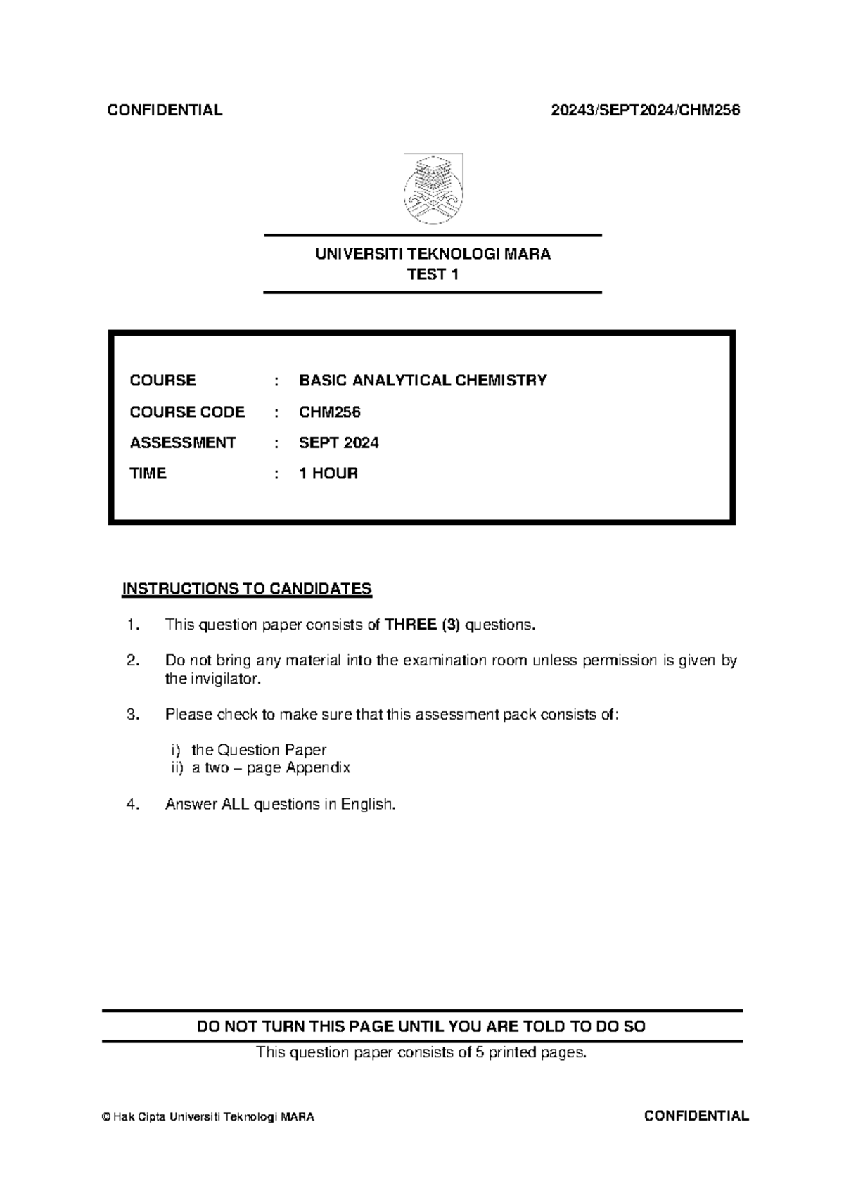 1. 20243 TEST 1 CHM256 Question Paper - CONFIDENTIAL 20243 /SEPT 2024 ...