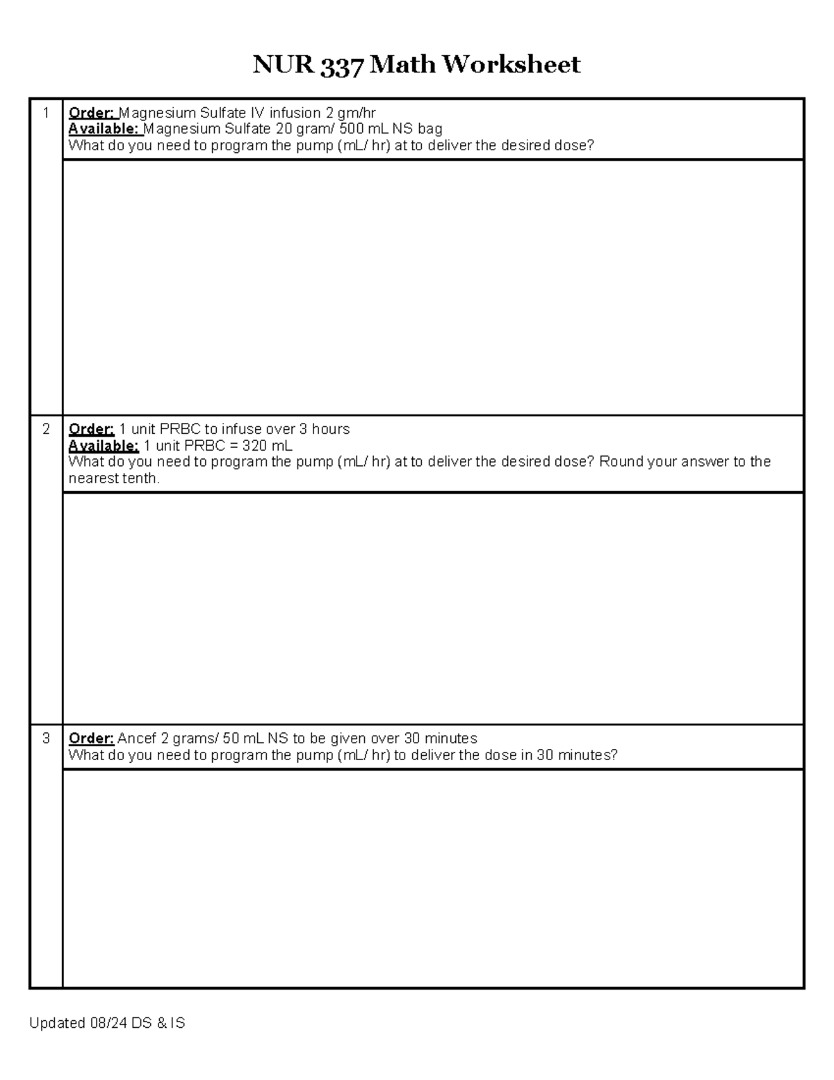 NUR 337 Math Worksheet: IV Infusion & Medication Calculations - Studocu