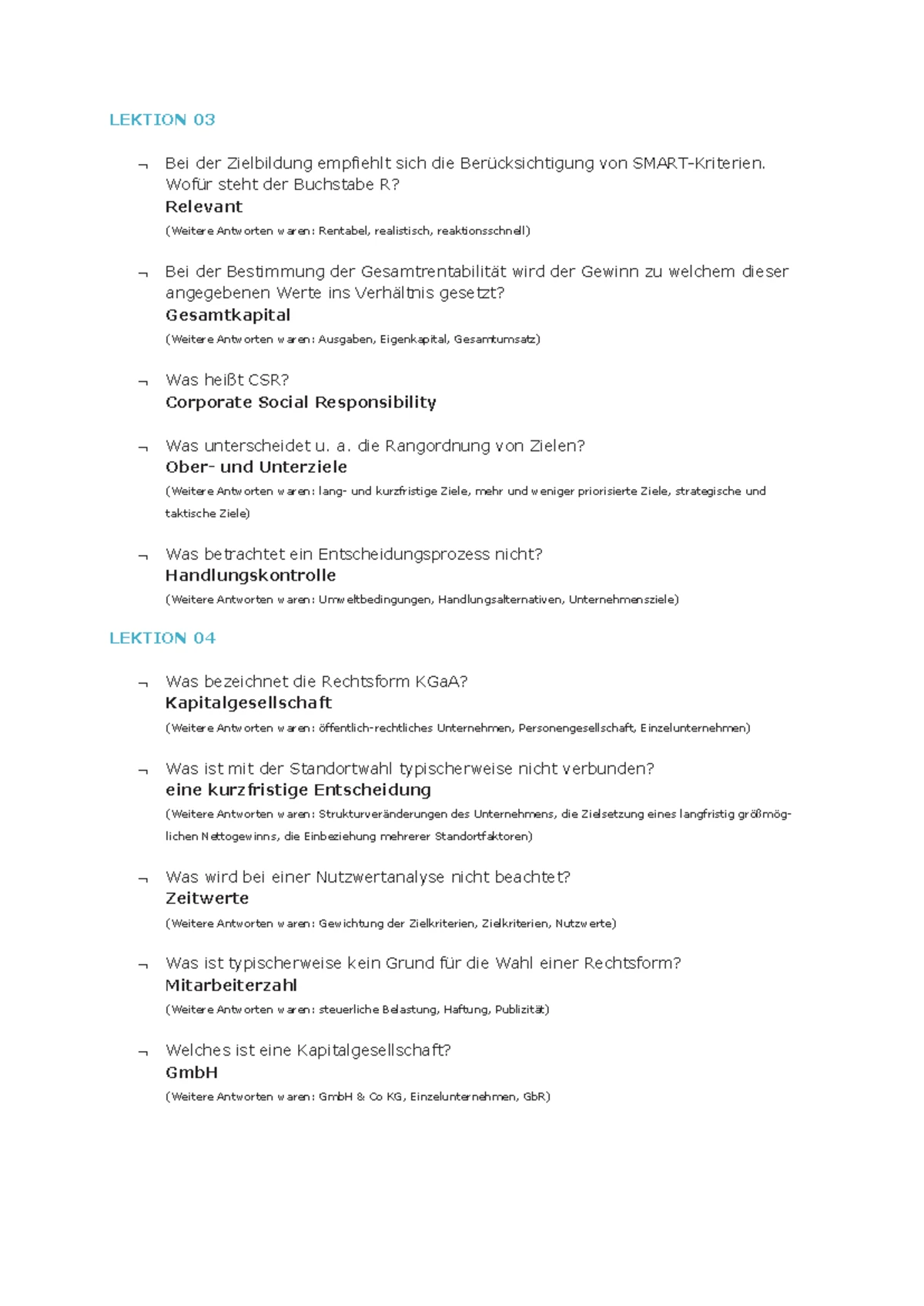 BWL I Klausur 1: Multiple Choice Fragen und Antworten - Studocu