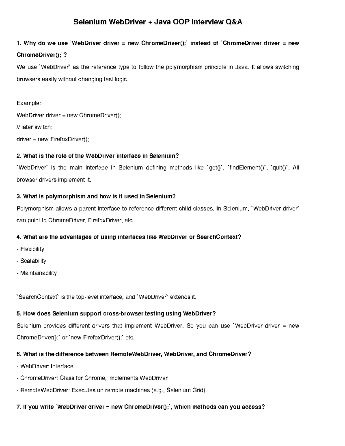 Selenium WebDriver Java OOP Interview Notes - Key Concepts and Q&A ...