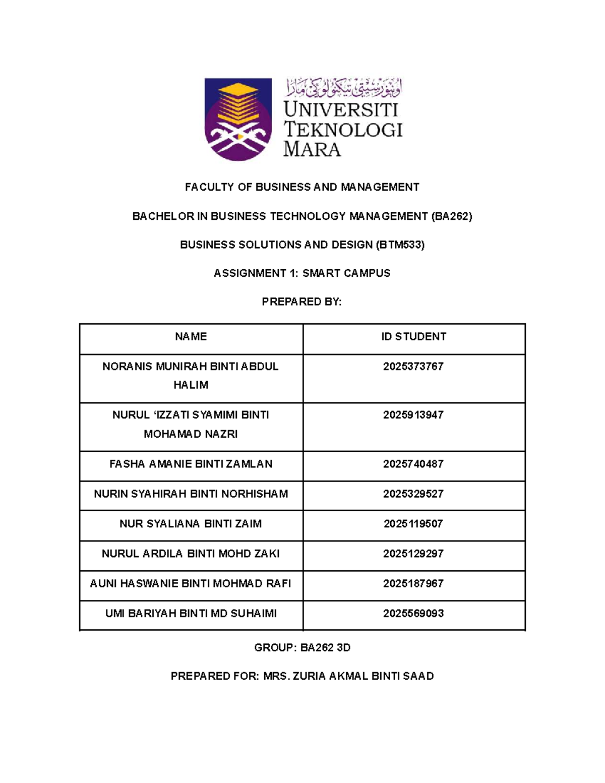 BTM533 Assignment 1: Smart Campus Solutions for UiTM Jengka - Studocu
